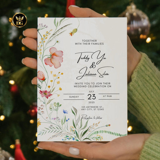 Cream Gold Wildflower Wedding Invitation Editable Canva Boho Floral Suite