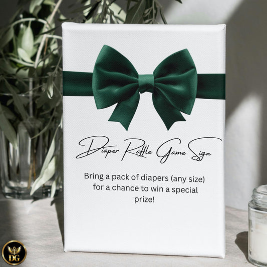 Diaper Reveal Sign 8x10 | Baby Shower Diaper Raffle Game | White Background Green Velvet Bow | Printable Baby Shower Game
