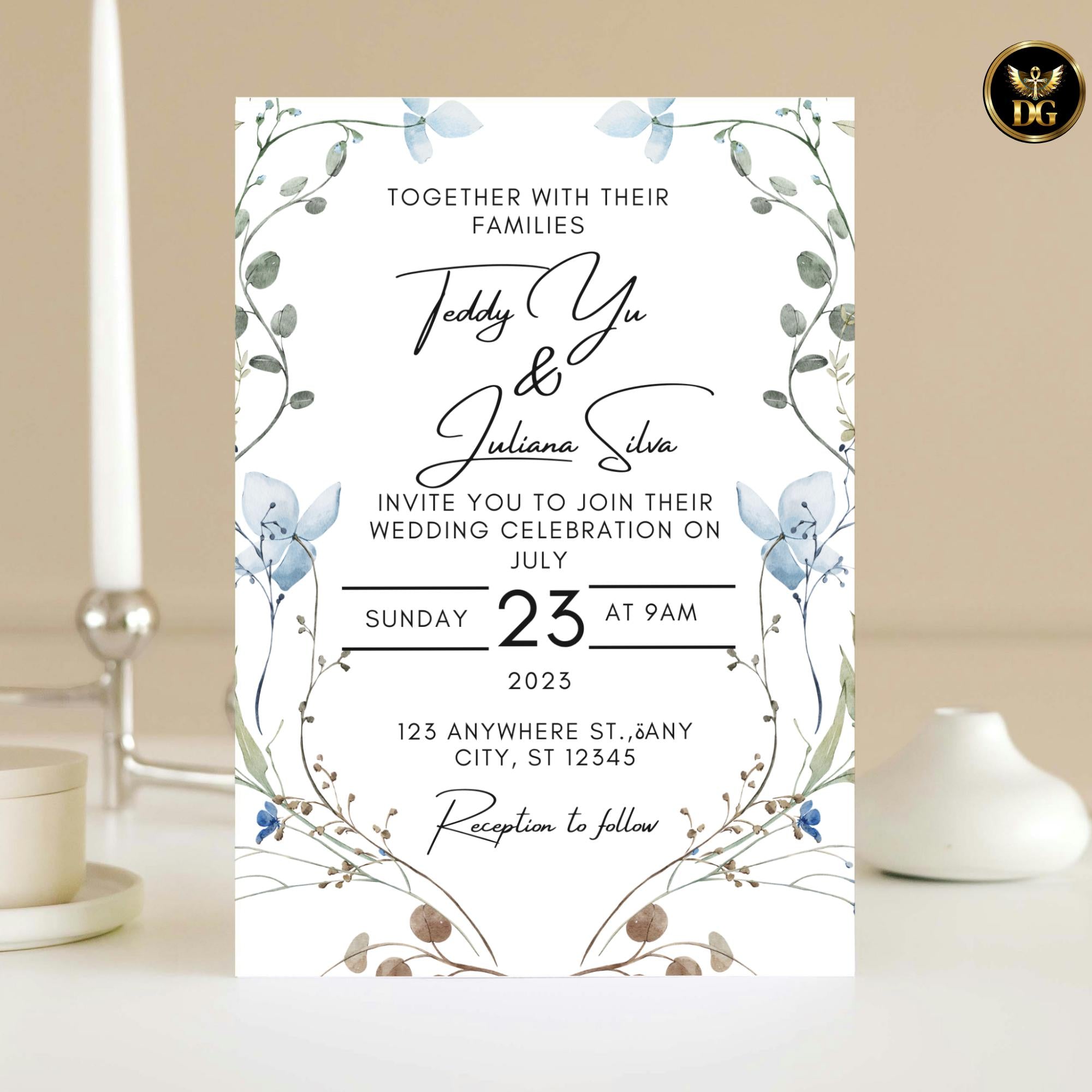 Blue Wildflower Wedding Invitation Template, Boho Garden Wedding Invite, Editable Canva Invitation Suite, Minimalist Floral Design