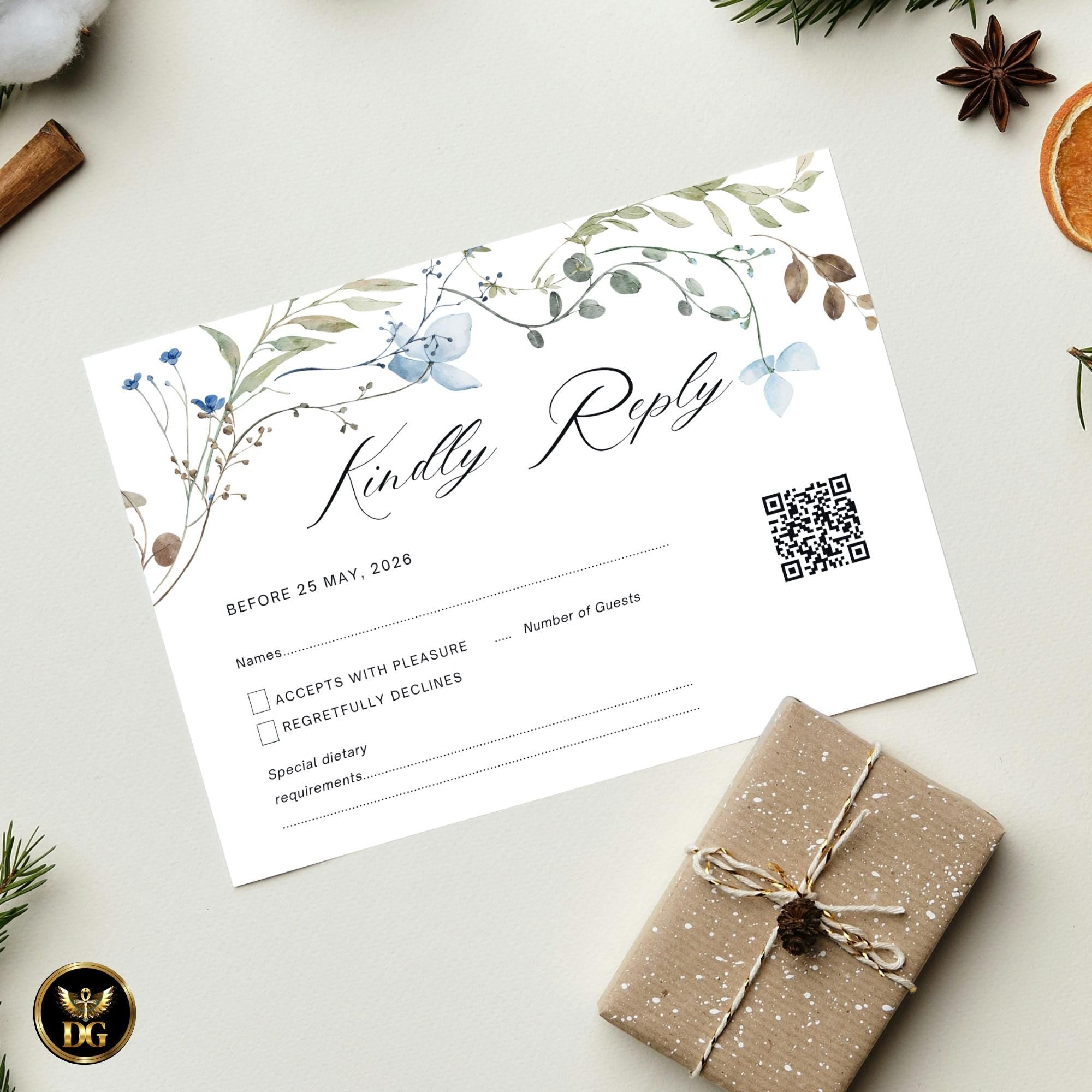 Blue Wildflower Wedding Invitation Template, Boho Garden Wedding Invite, Editable Canva Invitation Suite, Minimalist Floral Design