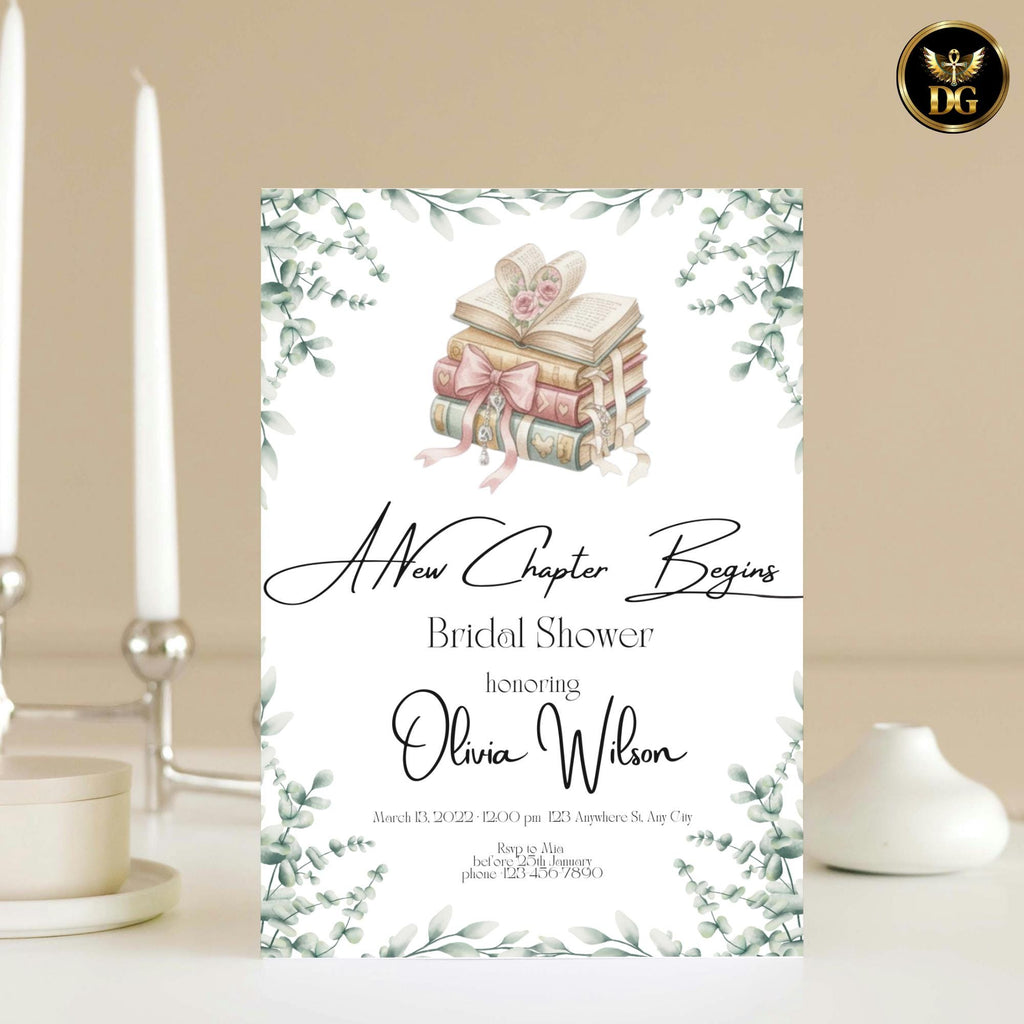A New Chapter Begins Bridal Shower Invitation - Botanical Heart & Open Book Design - 5x7 Print | Digital Download