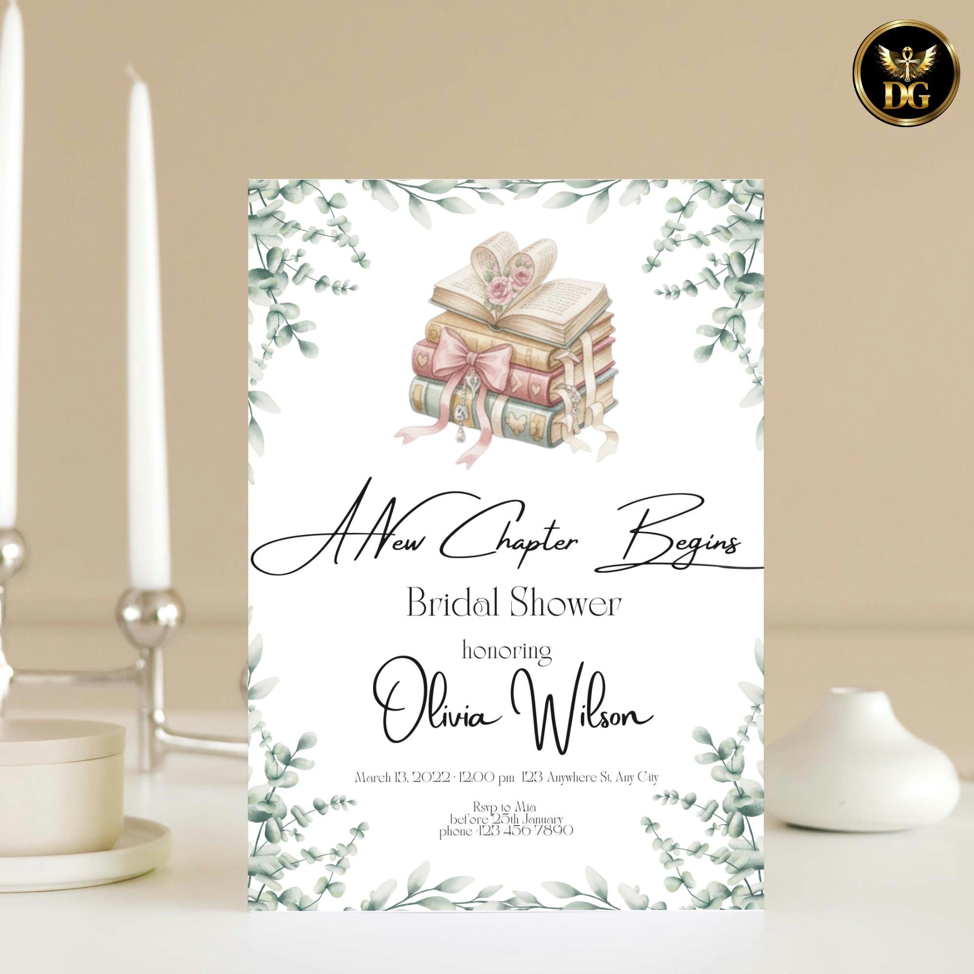 A New Chapter Begins Bridal Shower Invitation - Botanical Heart & Open Book Design - 5x7 Print | Digital Download