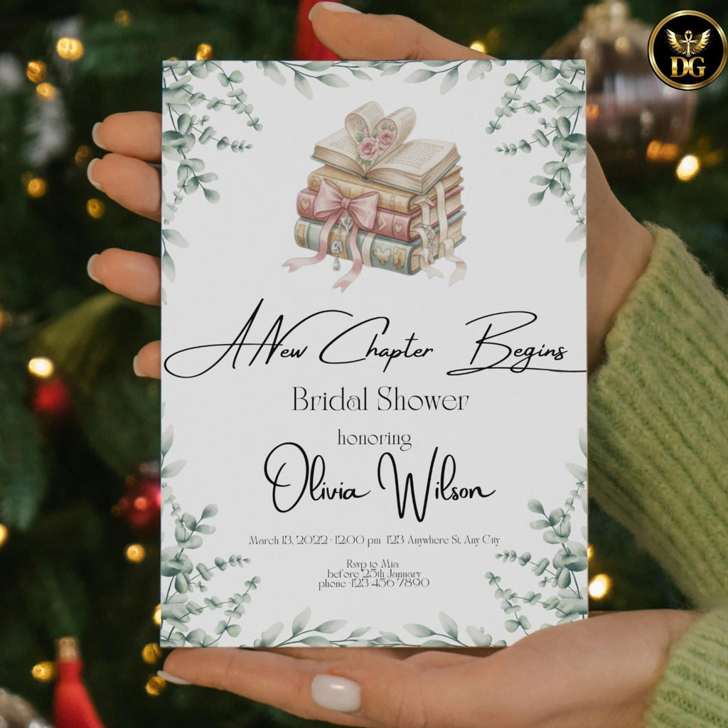 A New Chapter Begins Bridal Shower Invitation - Botanical Heart & Open Book Design - 5x7 Print | Digital Download