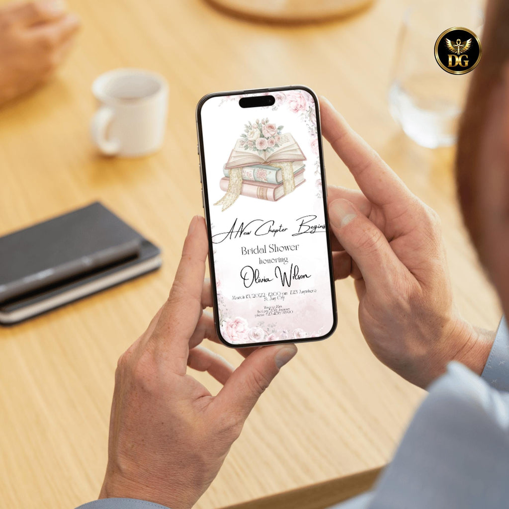 A New Chapter Begins Bridal Shower Invitation, Blush Pink Rose Book Lover Bridal Shower, Literary Romantic Printable Invite 5x7