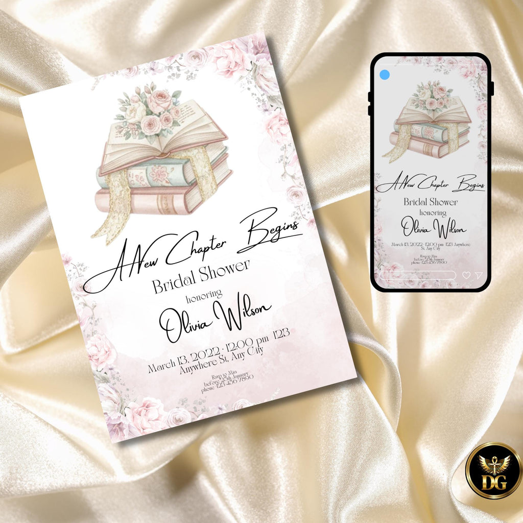 A New Chapter Begins Bridal Shower Invitation, Blush Pink Rose Book Lover Bridal Shower, Literary Romantic Printable Invite 5x7