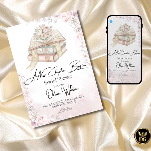 A New Chapter Begins Bridal Shower Invitation, Blush Pink Rose Book Lover Bridal Shower, Literary Romantic Printable Invite 5x7