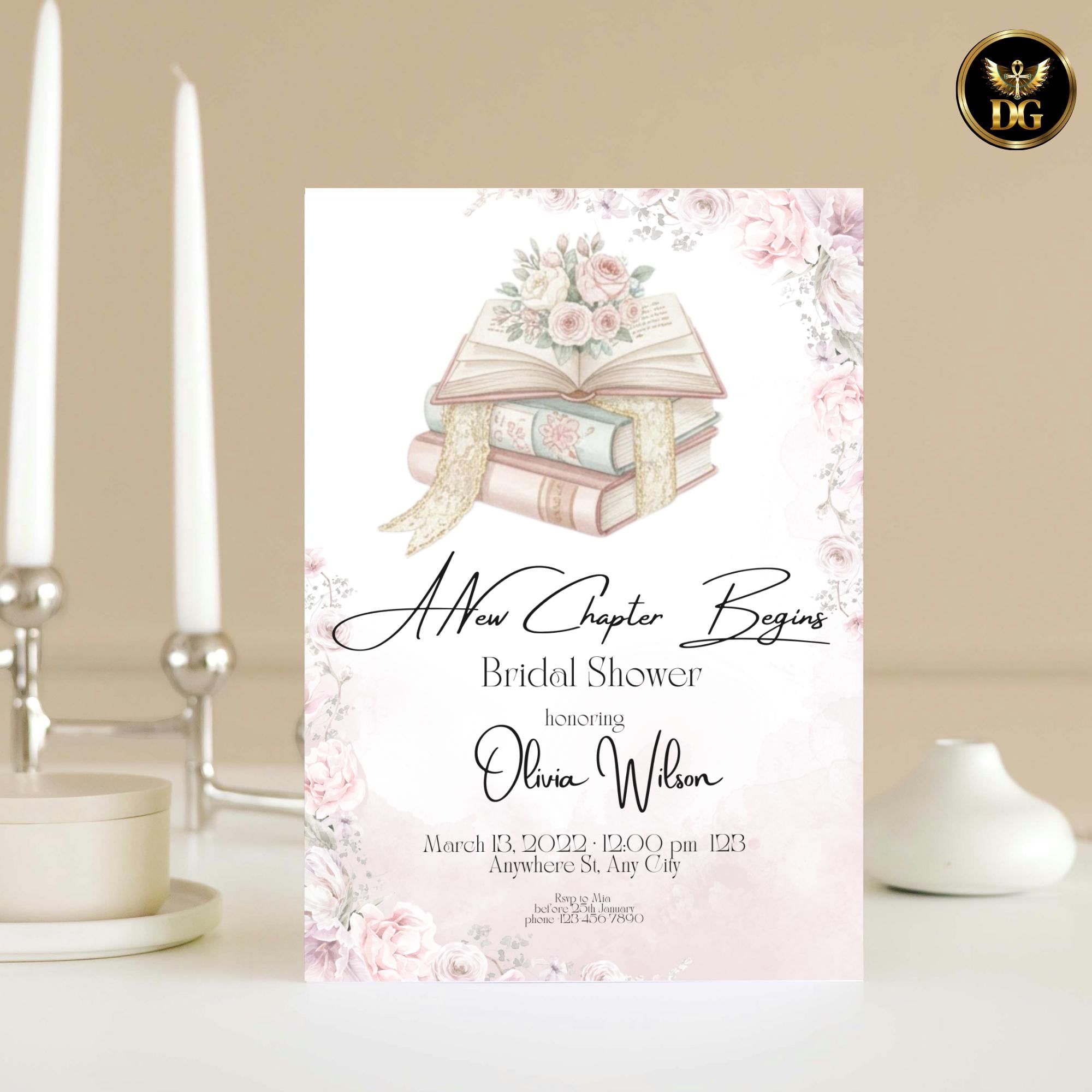 A New Chapter Begins Bridal Shower Invitation, Blush Pink Rose Book Lover Bridal Shower, Literary Romantic Printable Invite 5x7