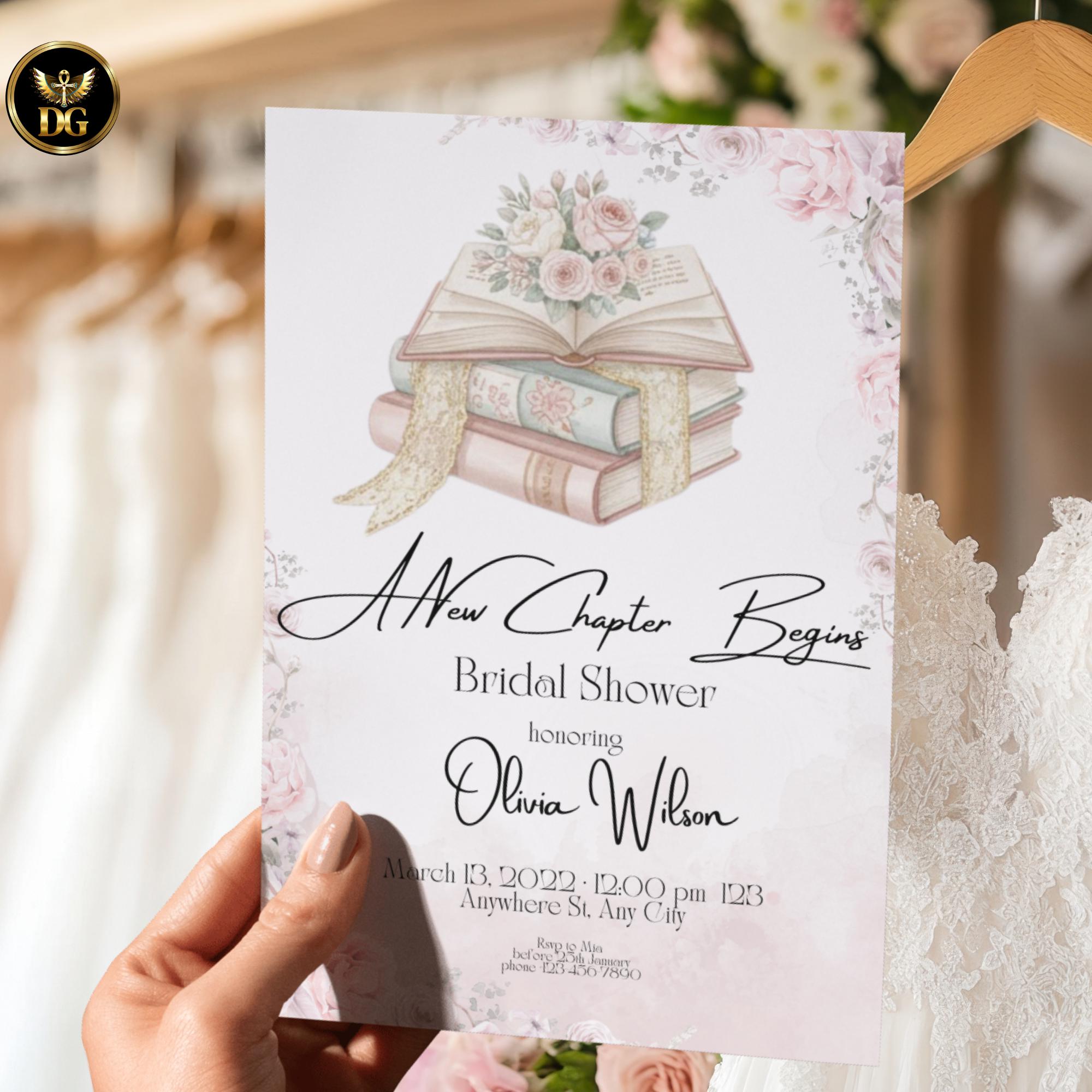 A New Chapter Begins Bridal Shower Invitation, Blush Pink Rose Book Lover Bridal Shower, Literary Romantic Printable Invite 5x7
