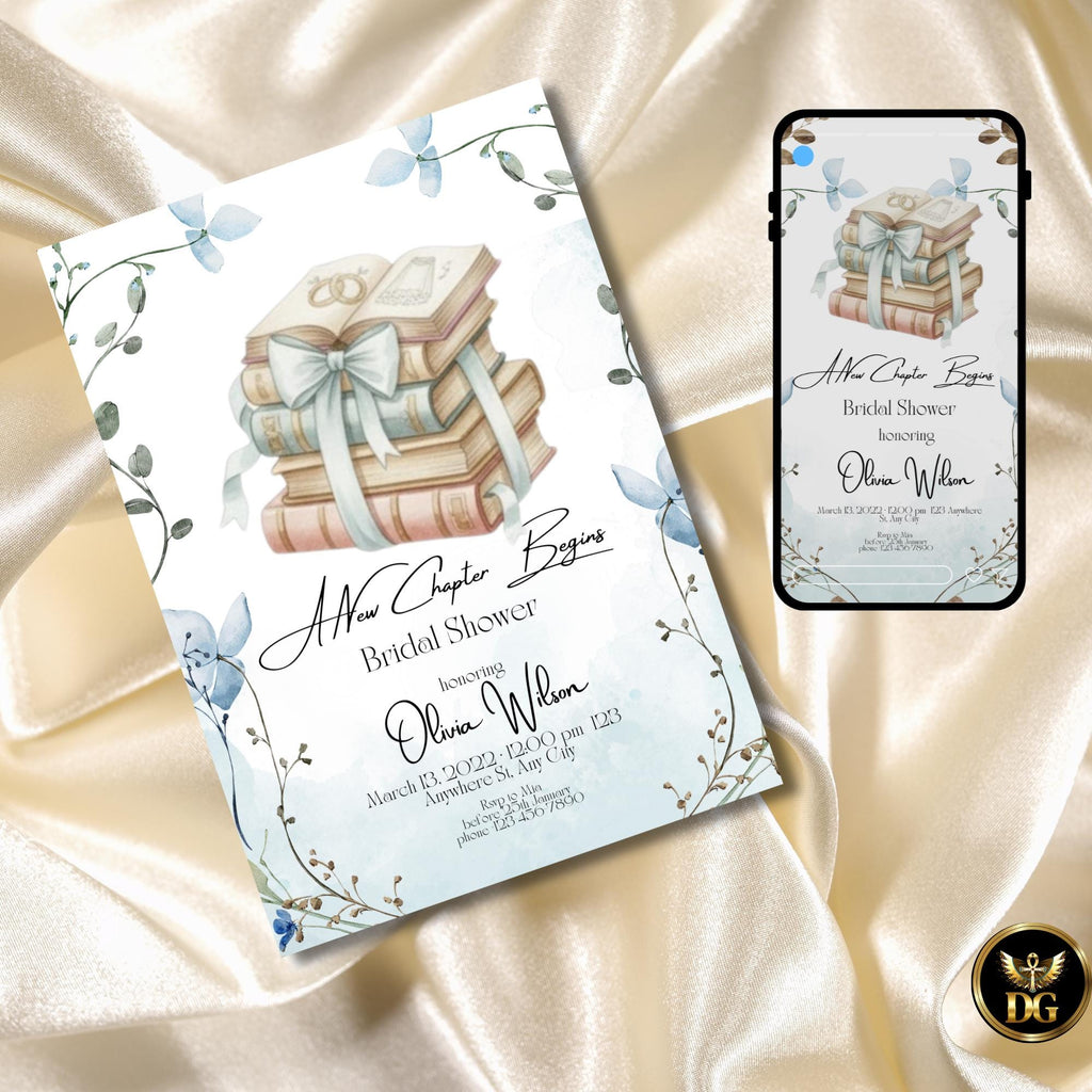 A New Chapter Begins Bridal Shower Invitation, Baby Blue Book Lover Bridal Shower, Literary Romantic Printable Invite 5x7