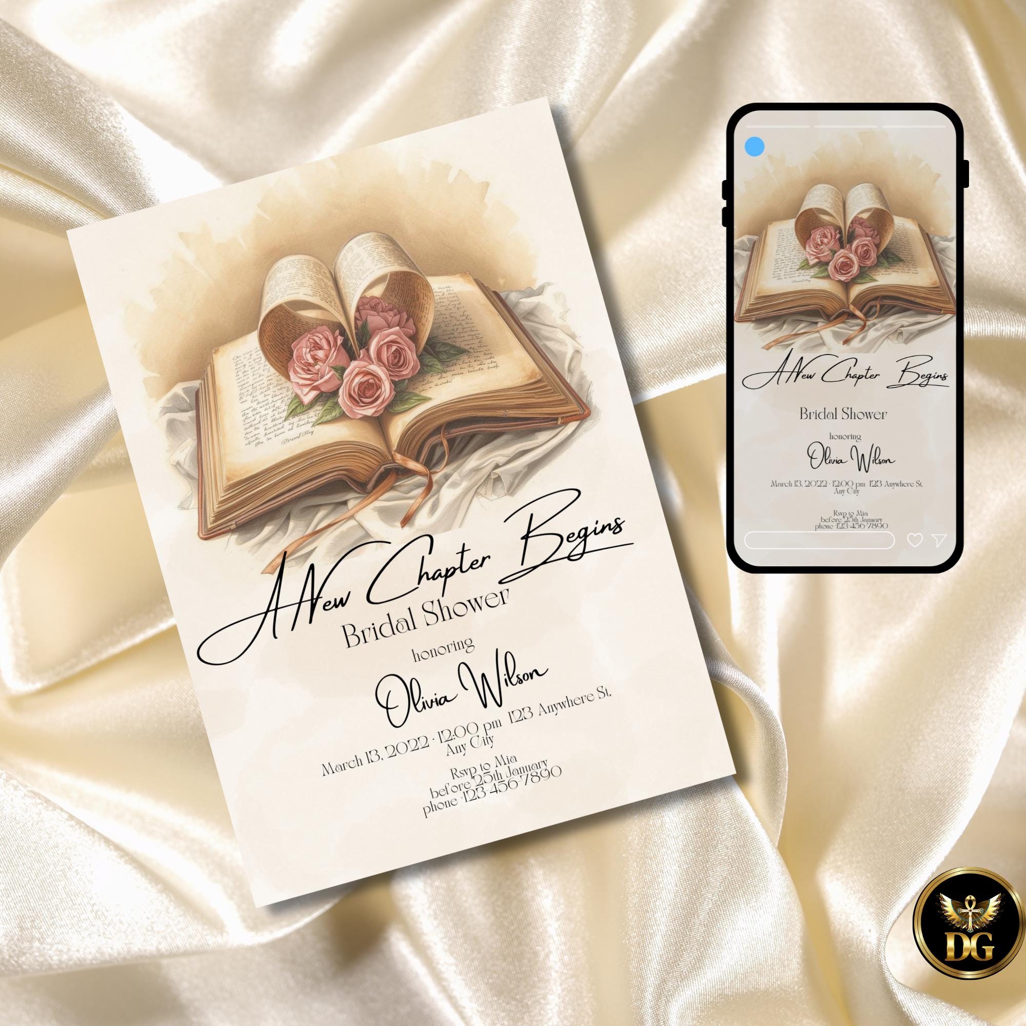 A New Chapter Begins Bridal Shower Invitation, Vintage Book Bridal Shower, Beige Watercolor Pink Rose Literary Invite 5x7