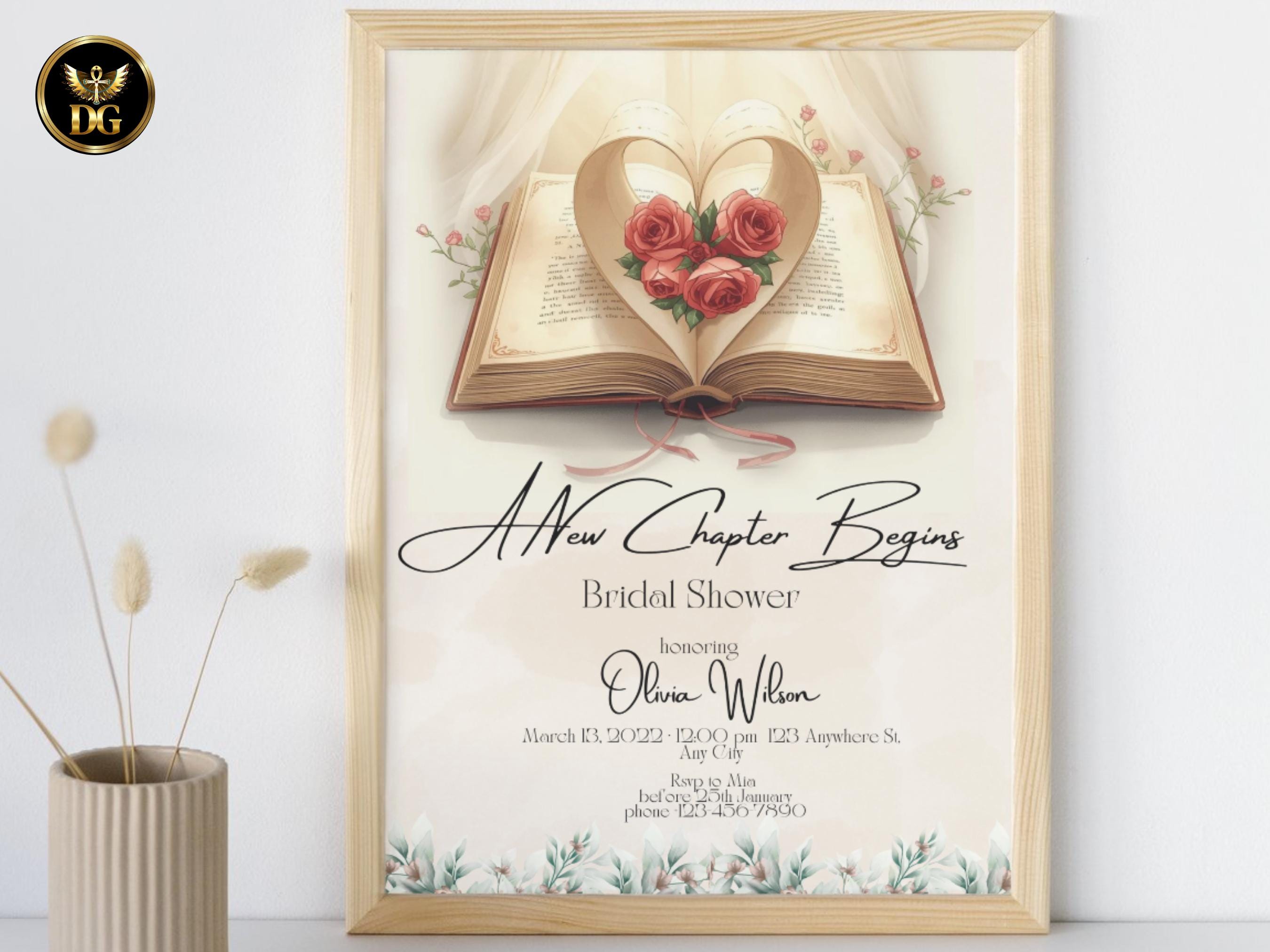 A New Chapter Begins Bridal Shower Invitation, Vintage Book Invite, Beige Watercolor, Red Rose Literary Bridal Shower