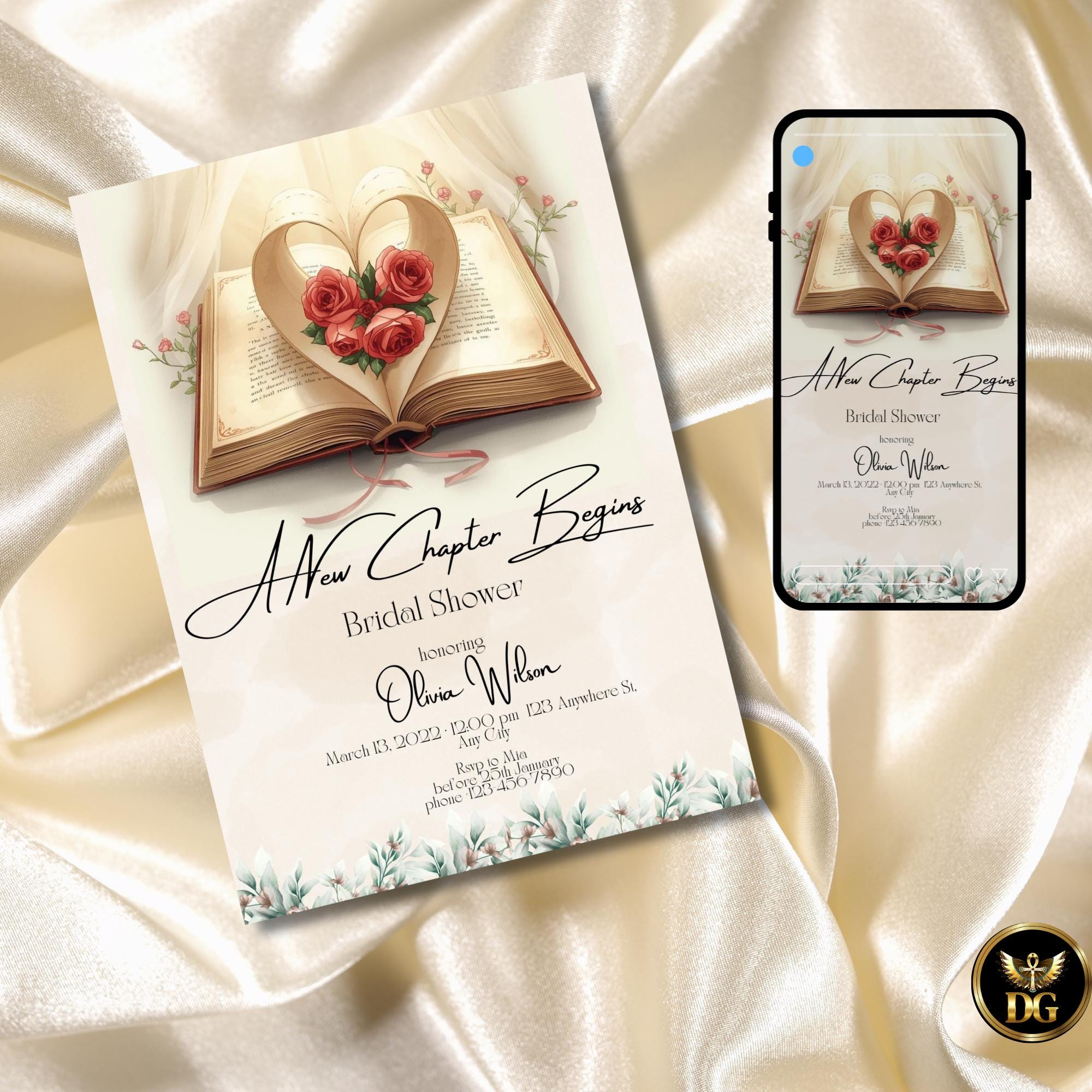 A New Chapter Begins Bridal Shower Invitation, Vintage Book Invite, Beige Watercolor, Red Rose Literary Bridal Shower