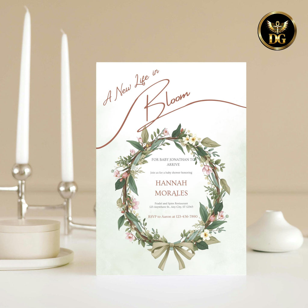 A New Life in Bloom Baby Shower Invitation, Botanical Green Watercolor Invite, Floral Wreath Editable Digital Card
