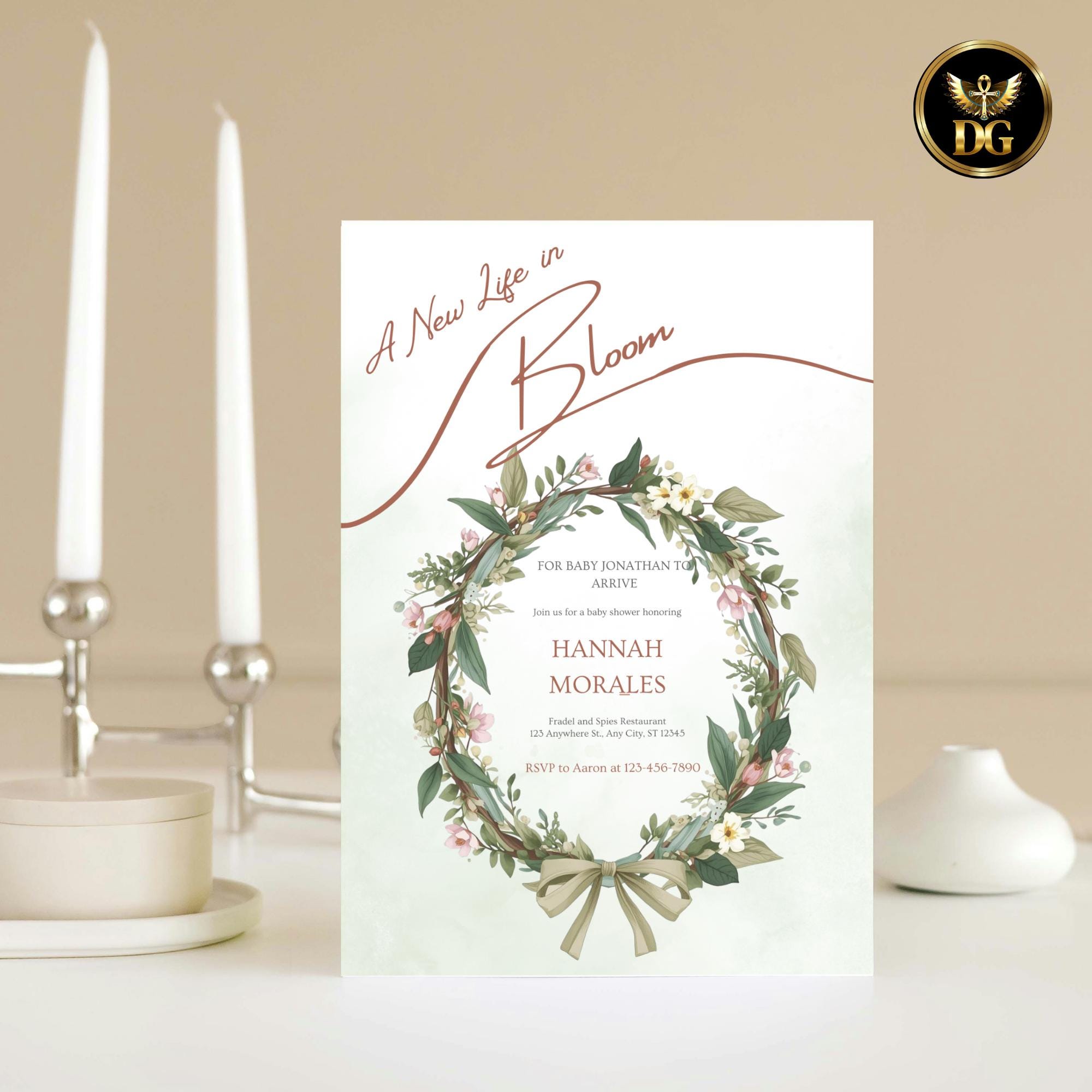 A New Life in Bloom Baby Shower Invitation, Botanical Green Watercolor Invite, Floral Wreath Editable Digital Card