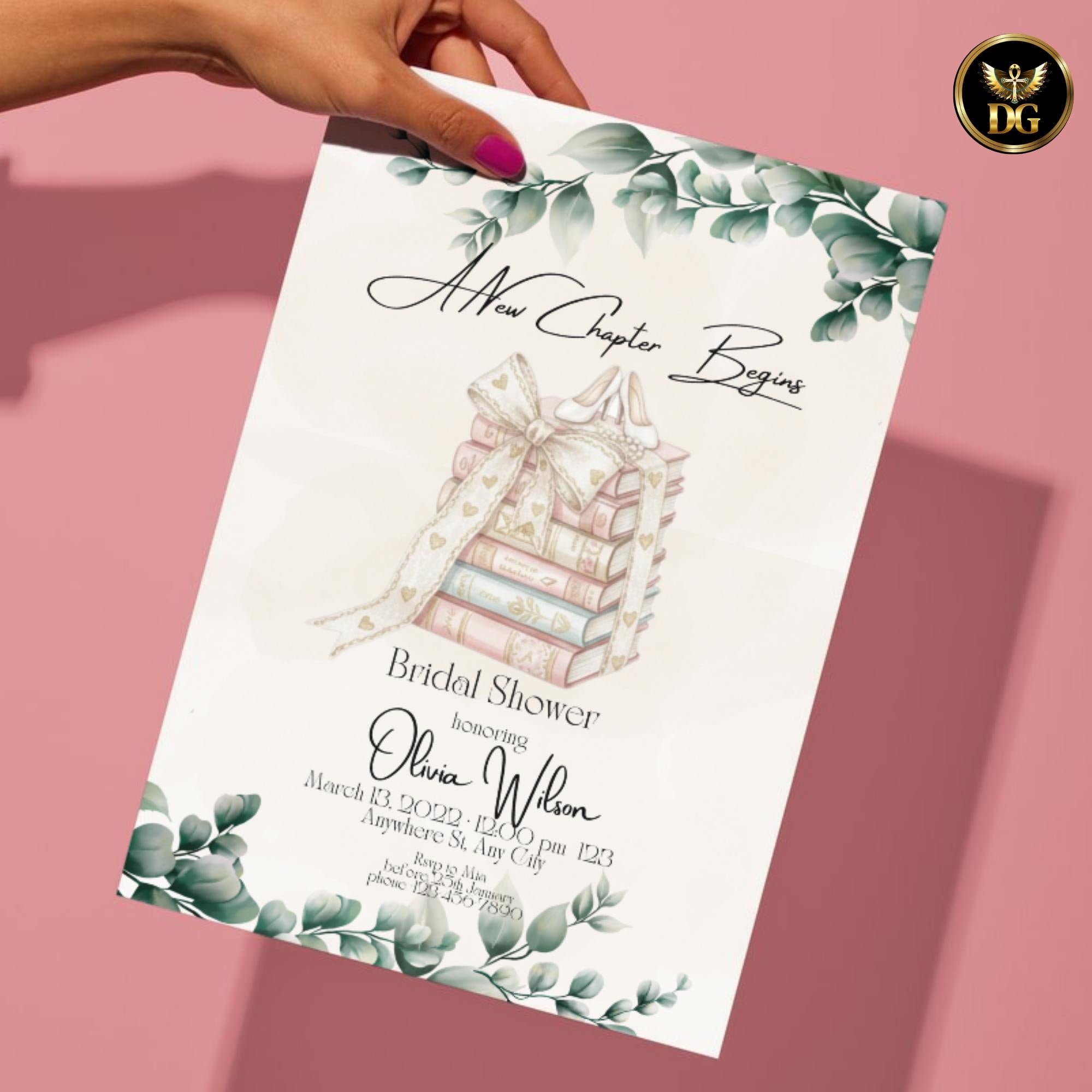 Bridal Shower Invitation Beige Watercolor Books with Ribbon and Bridal Shoes Botanical Elegant Editable Template