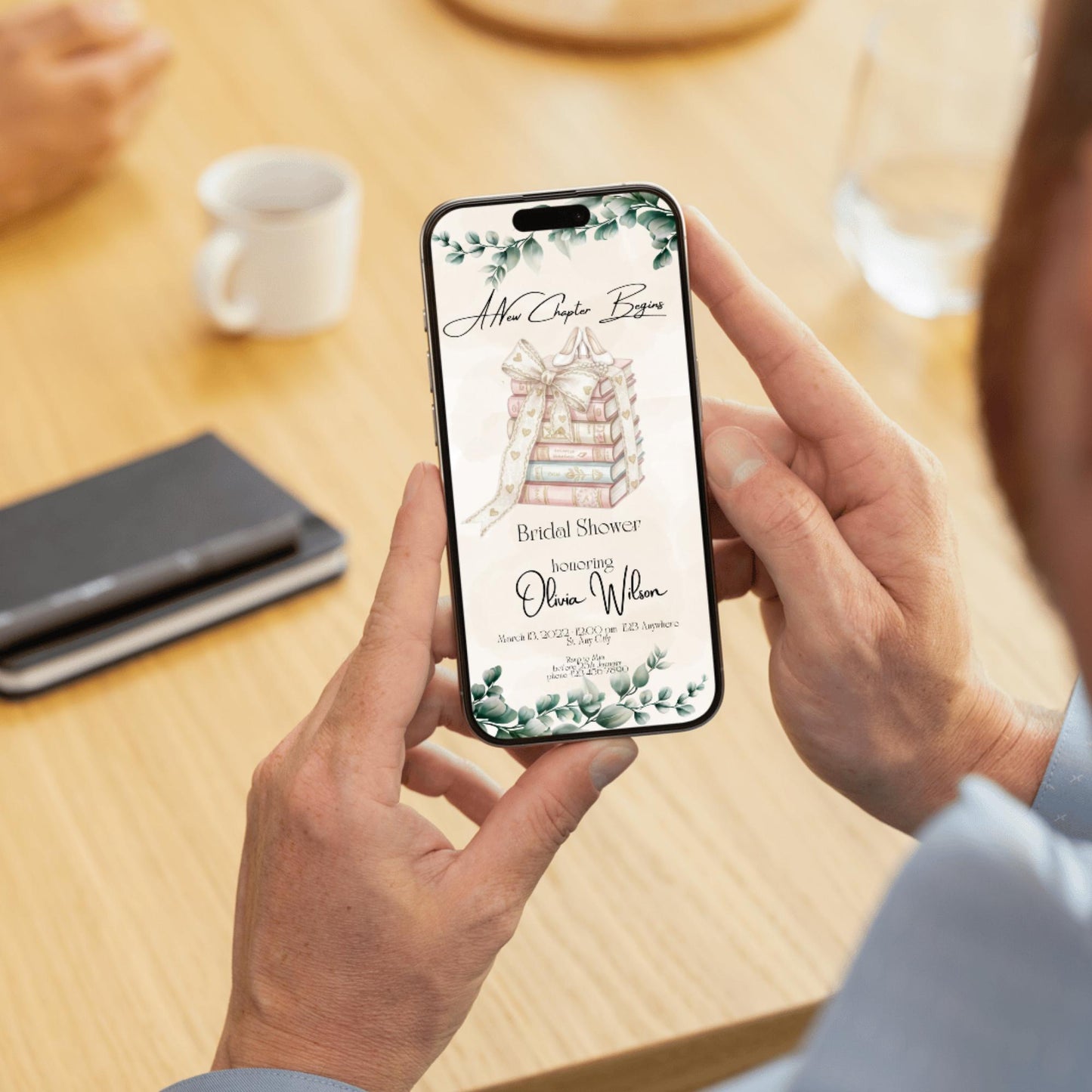 Bridal Shower Invitation Beige Watercolor Books with Ribbon and Bridal Shoes Botanical Elegant Editable Template