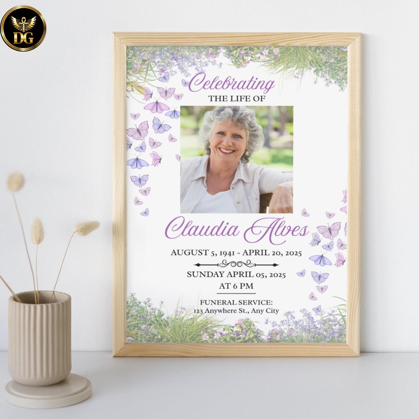 Wildflower Funeral Invitation | White Background with Butterflies & Custom Photo | Editable Canva Digital Download