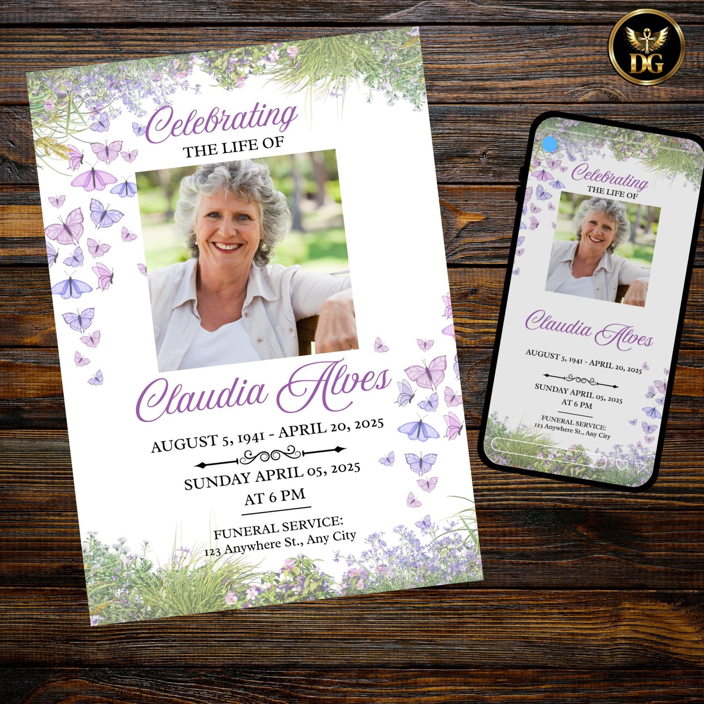 Wildflower Funeral Invitation | White Background with Butterflies & Custom Photo | Editable Canva Digital Download