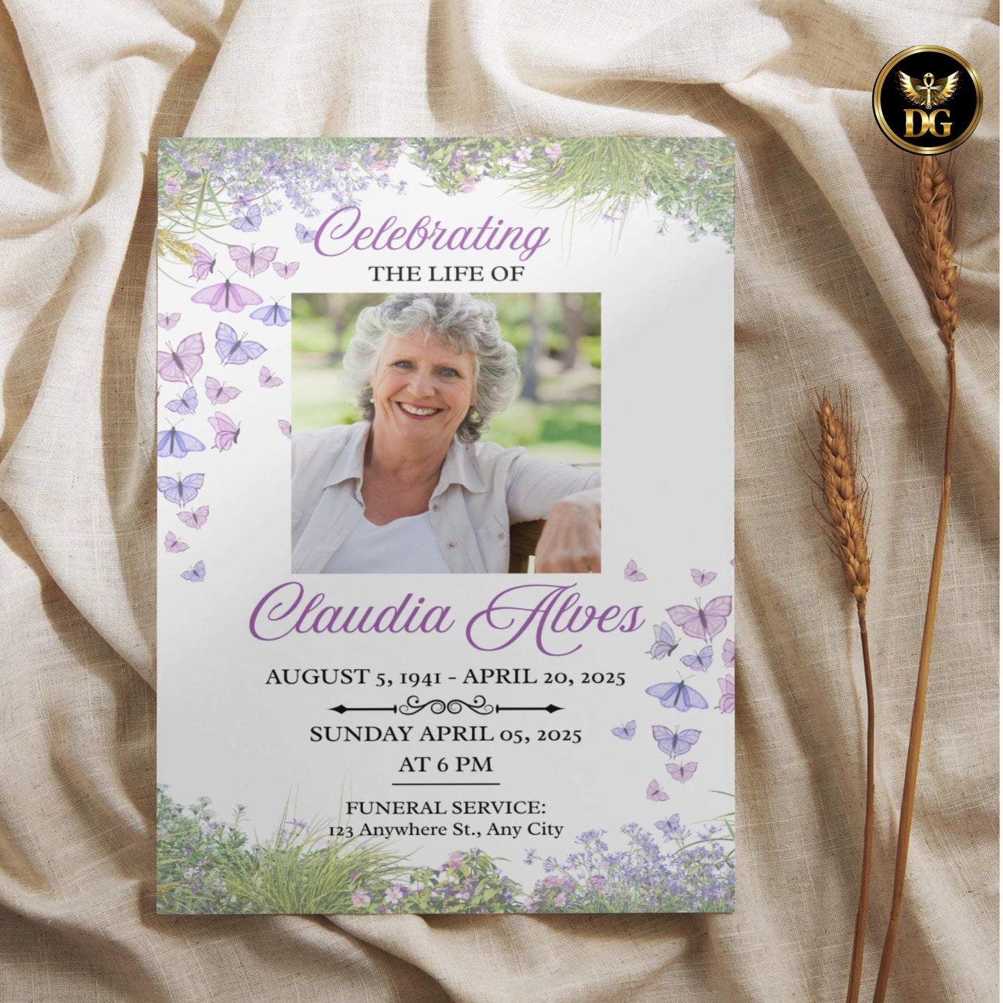 Wildflower Funeral Invitation | White Background with Butterflies & Custom Photo | Editable Canva Digital Download