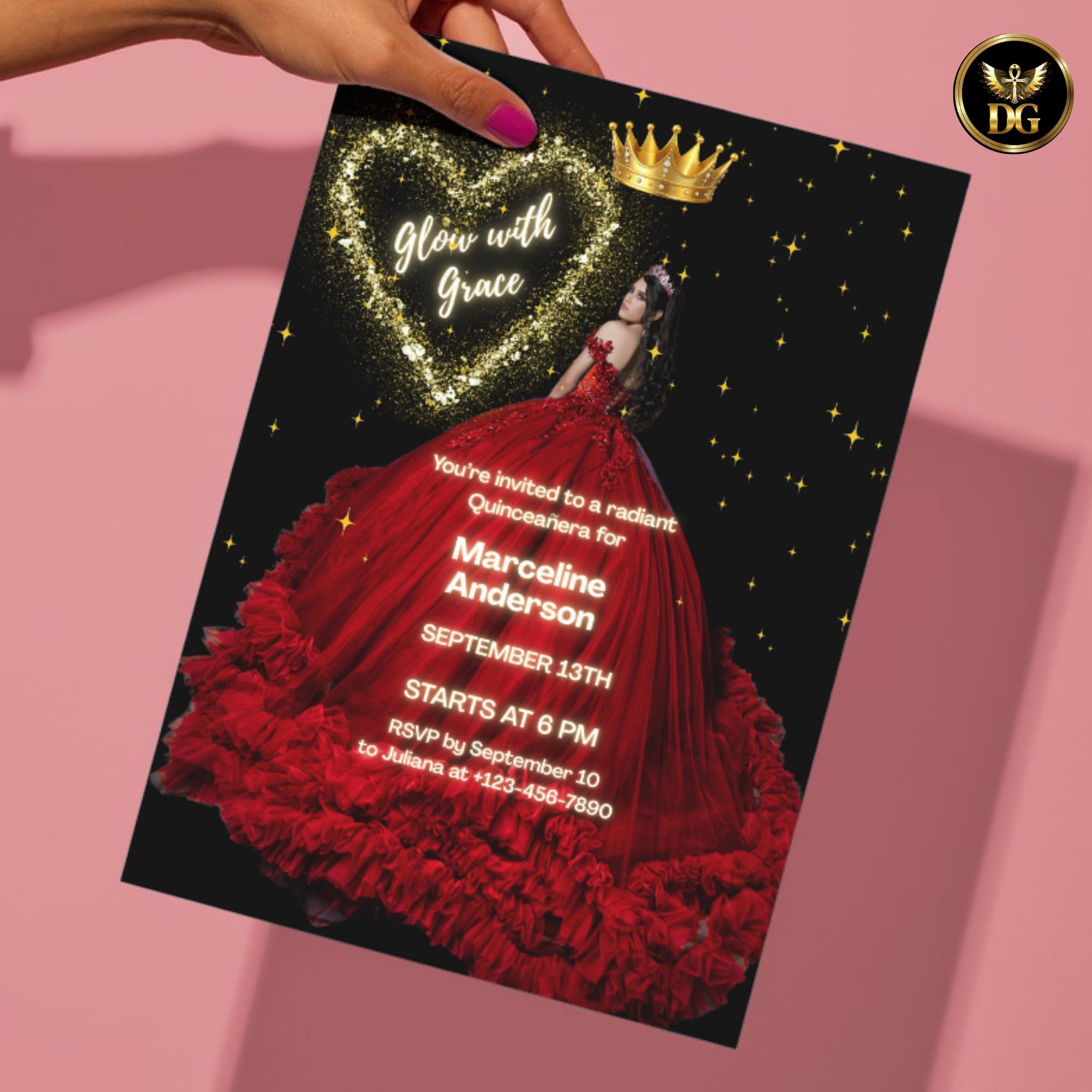Birthday Invitation | Editable Digital Template | Red Dress, Black & Gold Glitter Heart Quinceañeras