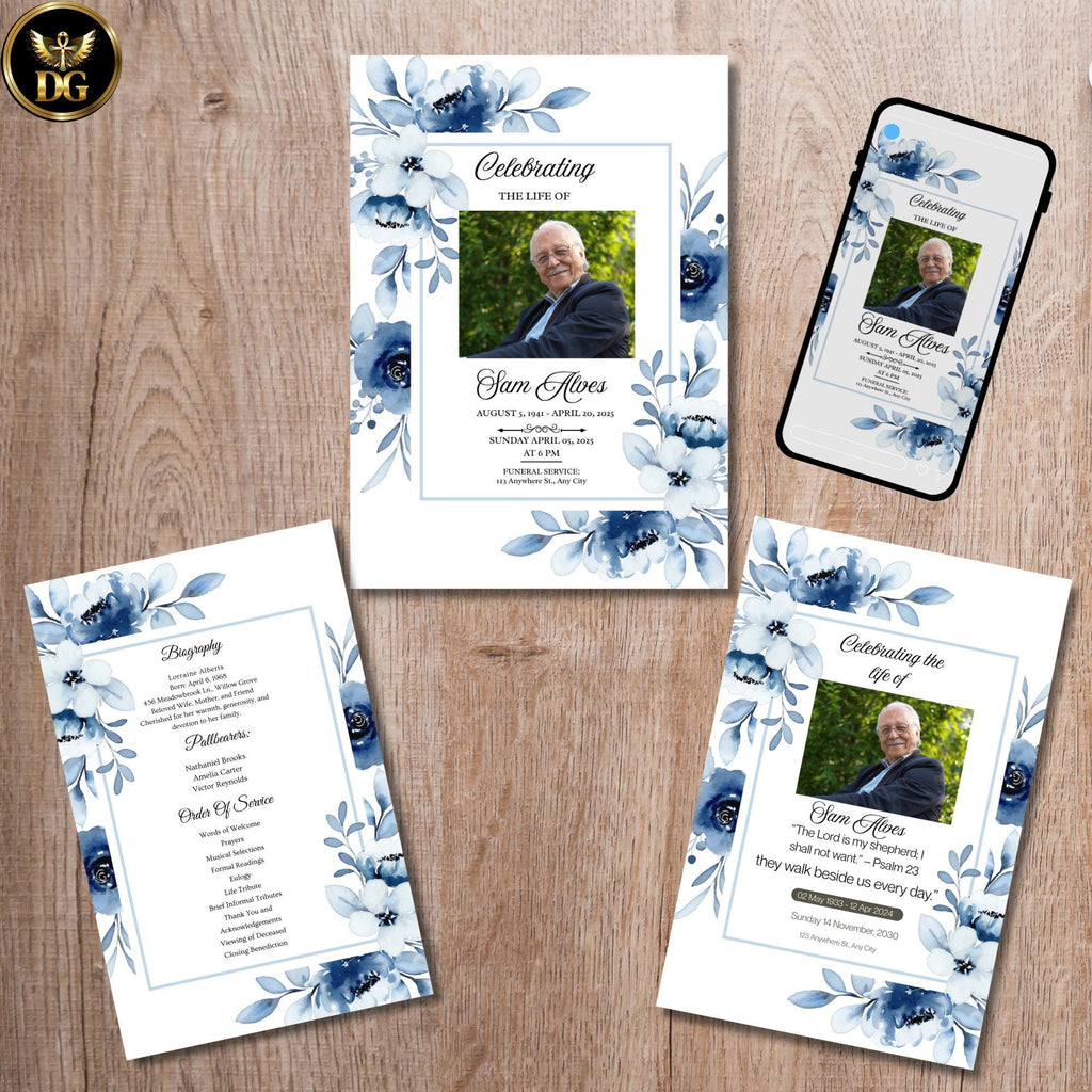 Blush Blue Floral Funeral Templates, Elegant Memorial Program, Sympathy Invitation, Celebration of Life, Editable Canva, Digital Download