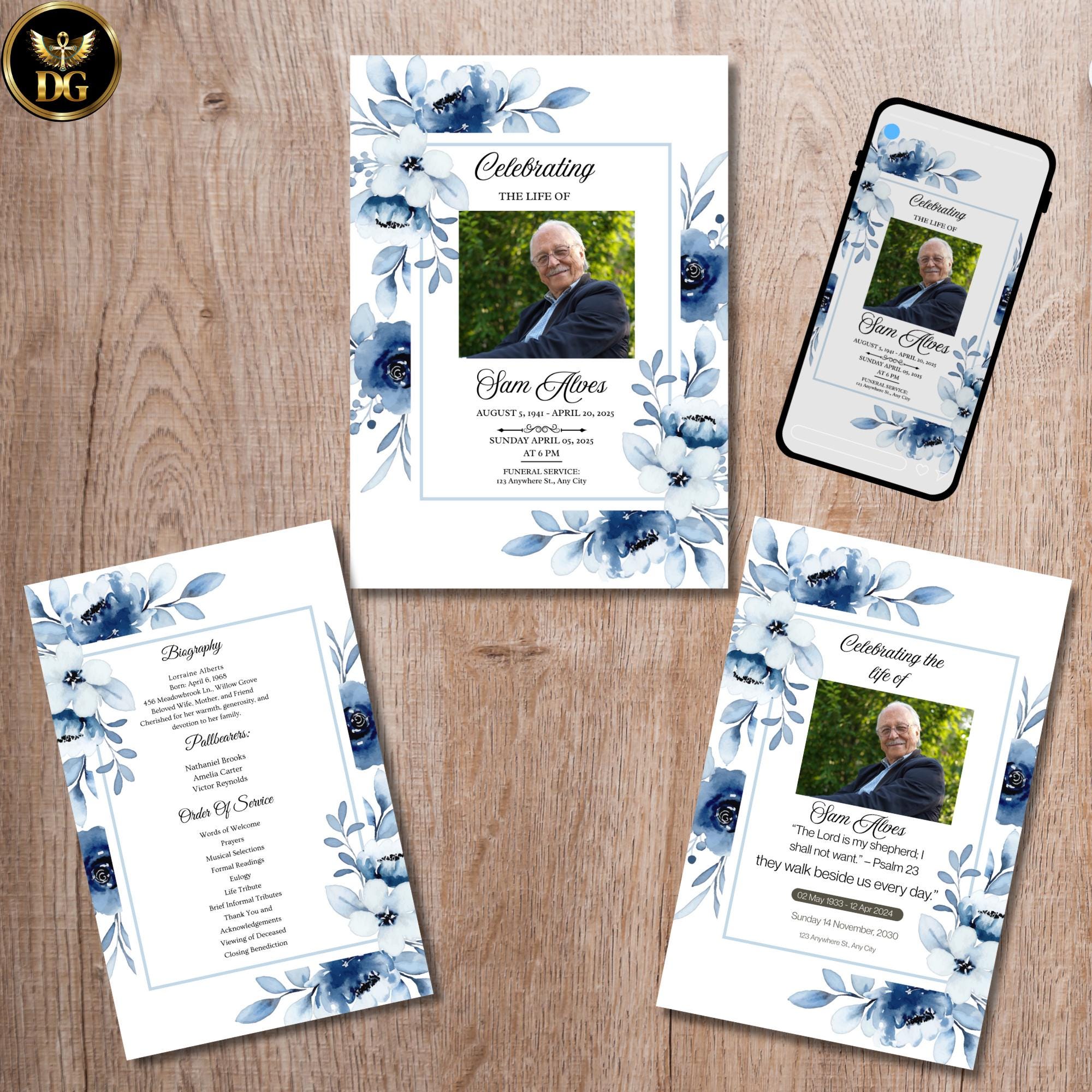 Blush Blue Floral Funeral Templates, Elegant Memorial Program, Sympathy Invitation, Celebration of Life, Editable Canva, Digital Download