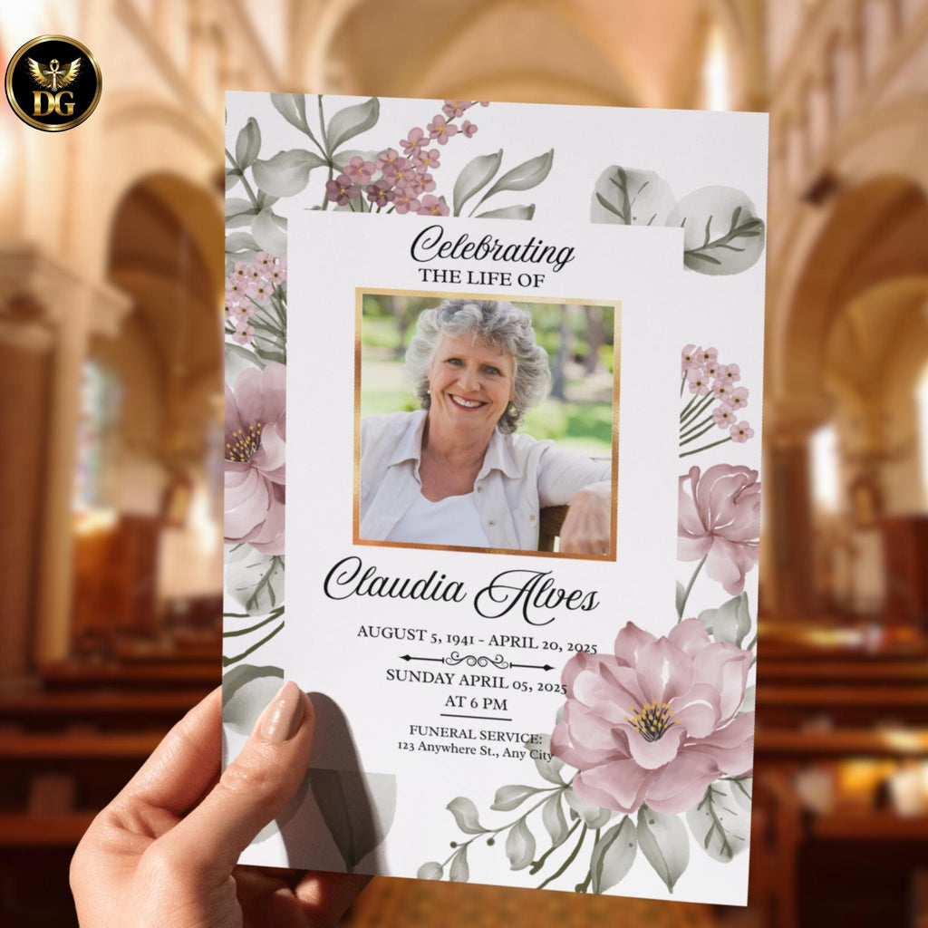 Blush Pink Floral Funeral Template, Elegant Memorial Program, Sympathy Invitation, Celebration of Life, Editable Canva, Digital Download
