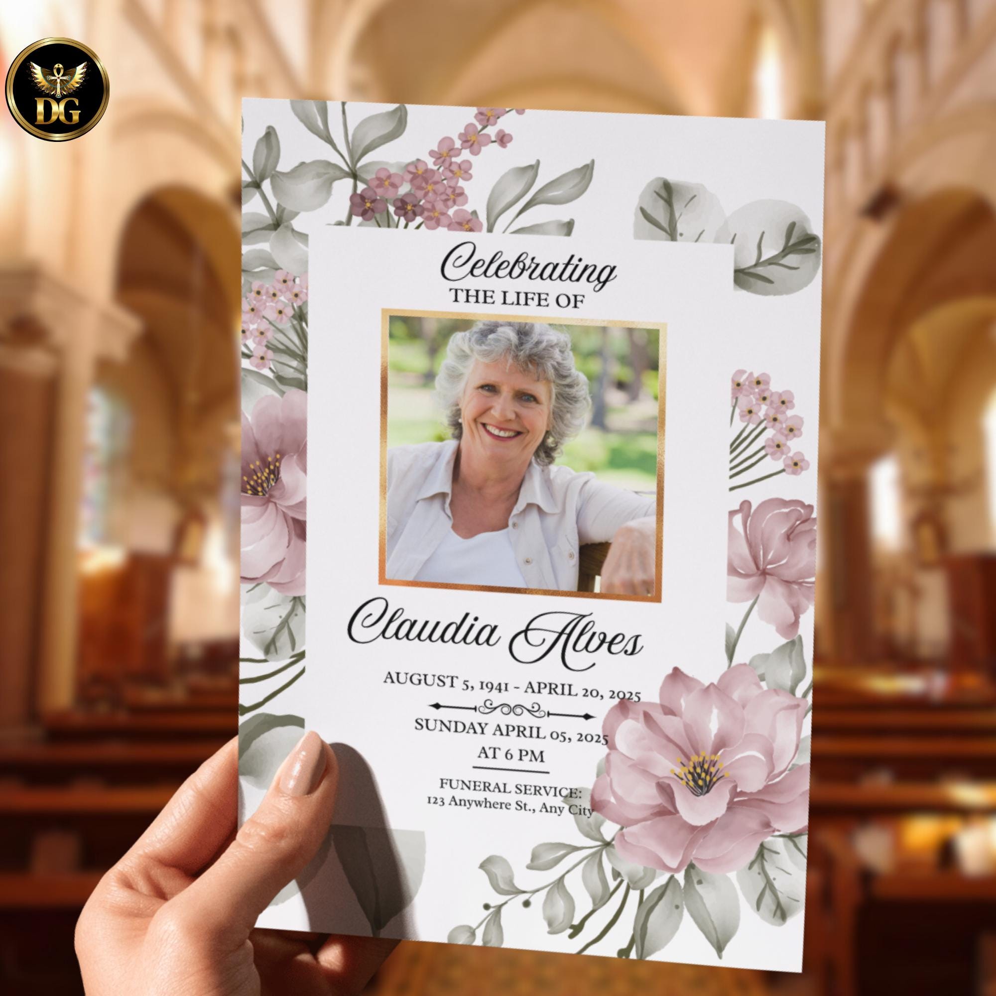 Blush Pink Floral Funeral Template, Elegant Memorial Program, Sympathy Invitation, Celebration of Life, Editable Canva, Digital Download