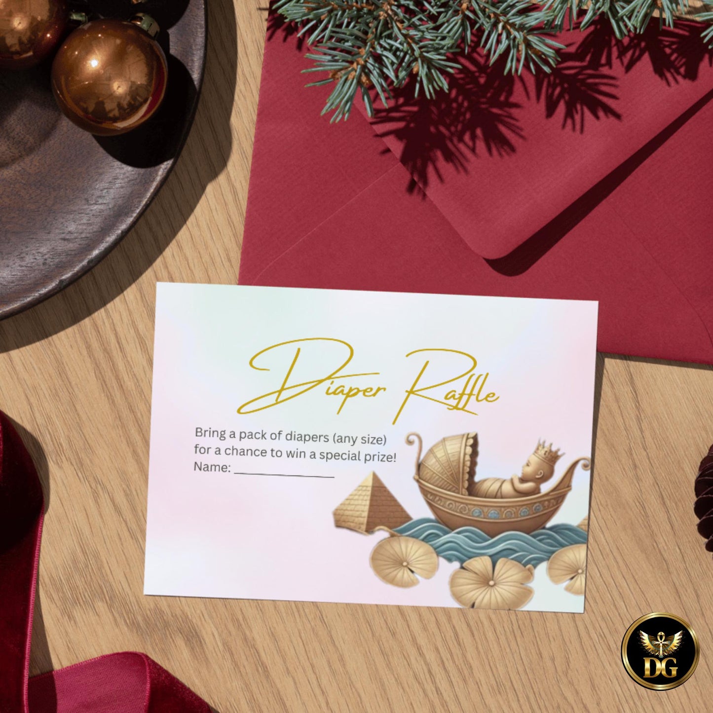 Welcome, Royal Heir – Pastel Egyptian Baby Shower Invitation with Gold Frame & Baby Boat | Editable Canva Template