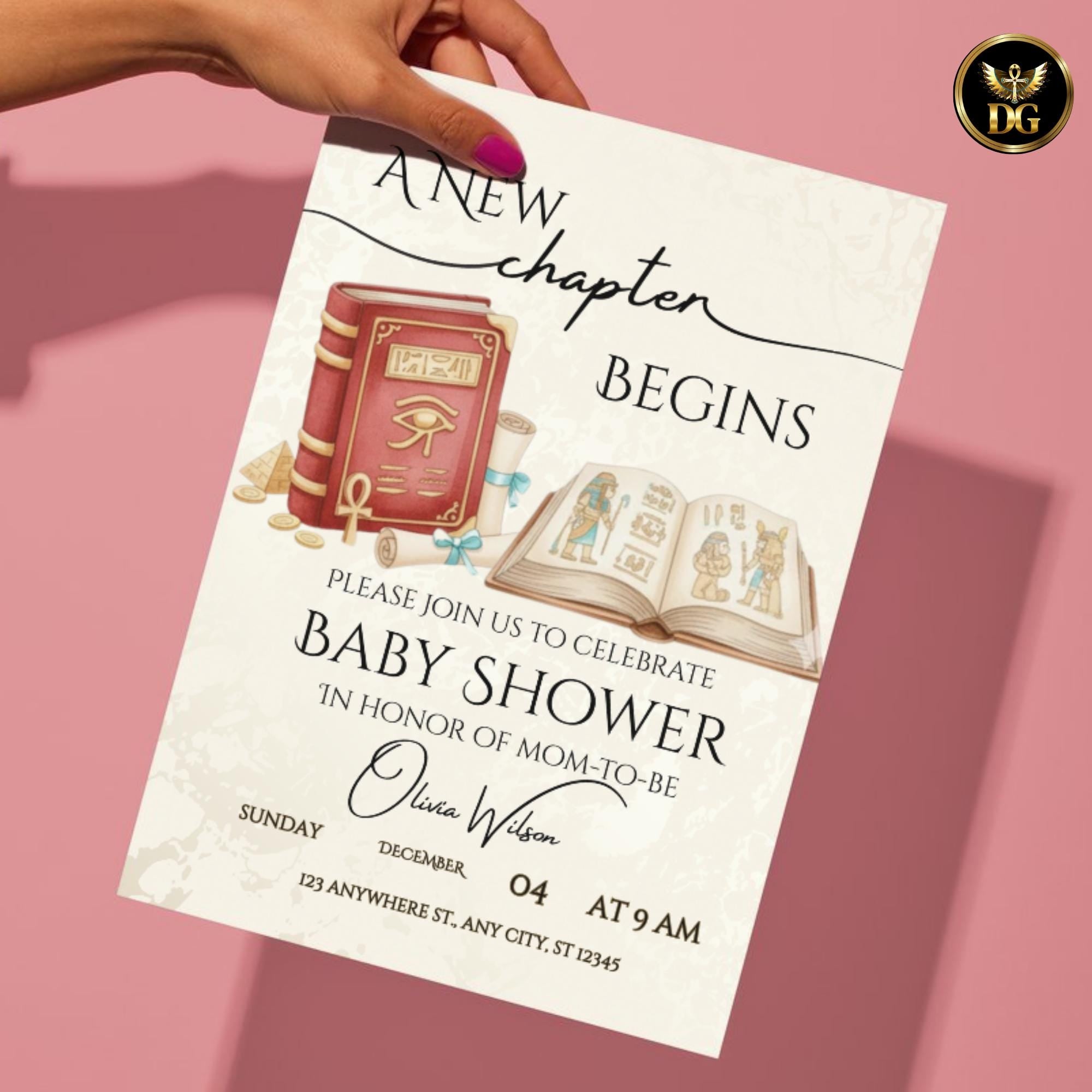 A New Chapter Begins – Cream & Gold Egyptian Baby Shower Invitation with Red Pharaoh Book | Editable Canva Template