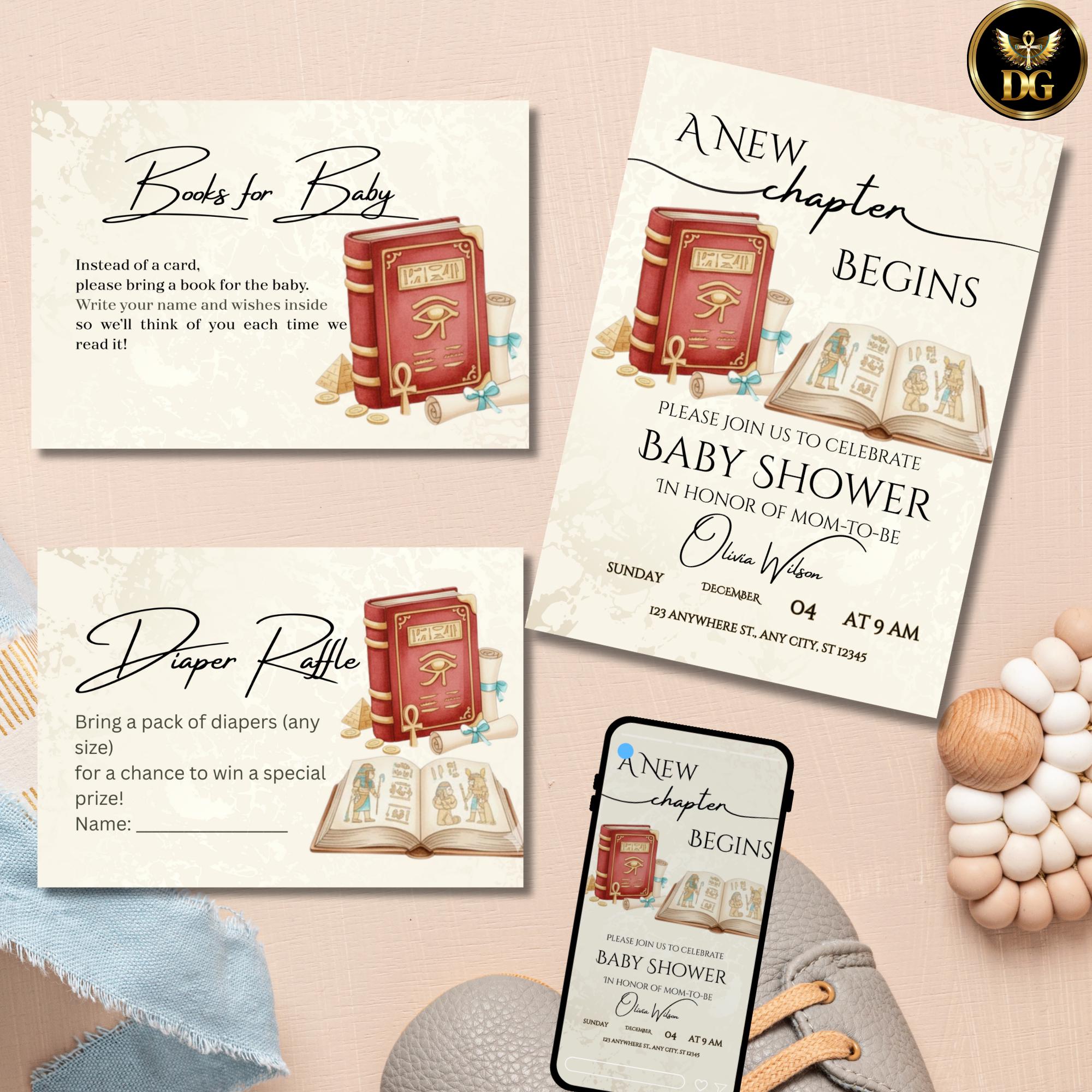 A New Chapter Begins – Cream & Gold Egyptian Baby Shower Invitation with Red Pharaoh Book | Editable Canva Template