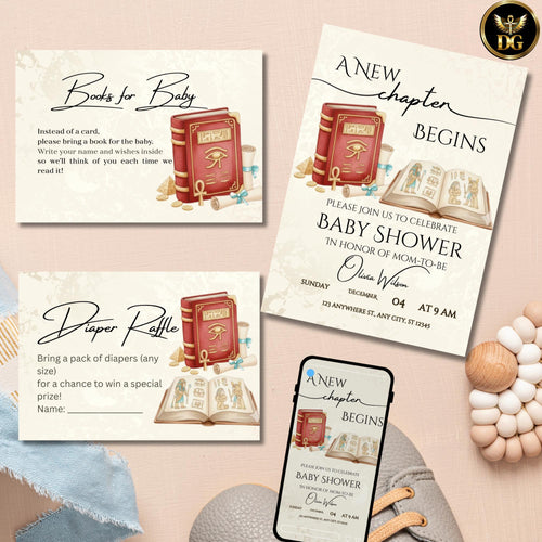 A New Chapter Begins – Cream & Gold Egyptian Baby Shower Invitation with Red Pharaoh Book | Editable Canva Template