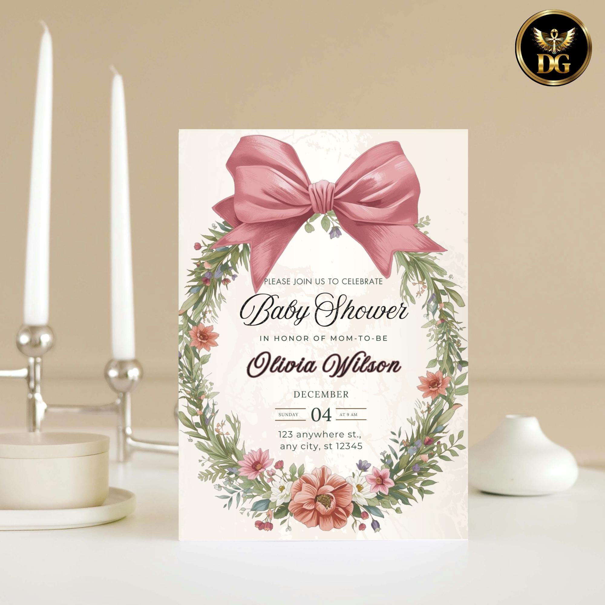 Baby Shower Invitation Pink Velvet Bow Floral Wreath Cream Gold Luxe Bundle Printable + Digital Canva Template