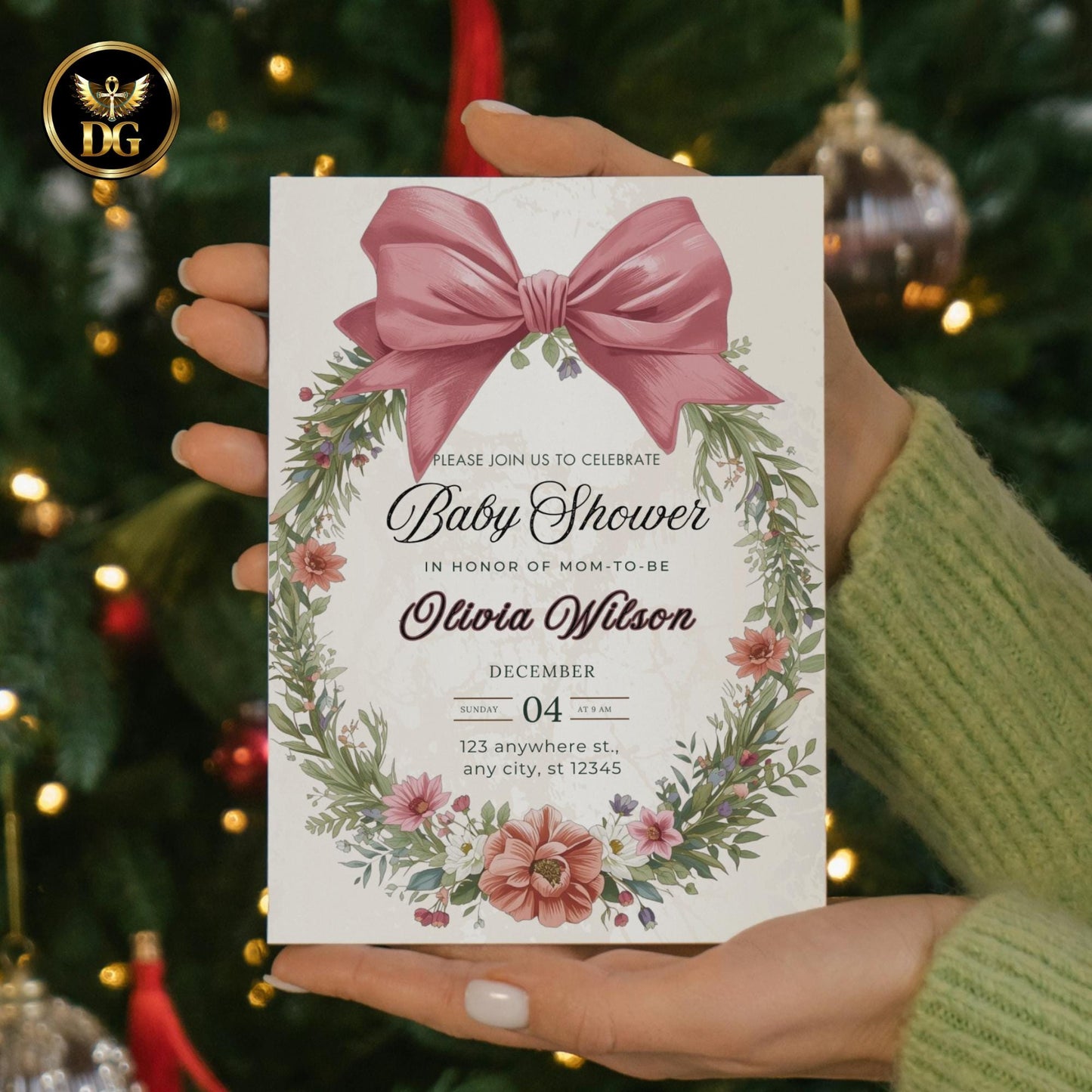 Baby Shower Invitation Pink Velvet Bow Floral Wreath Cream Gold Luxe Bundle Printable + Digital Canva Template