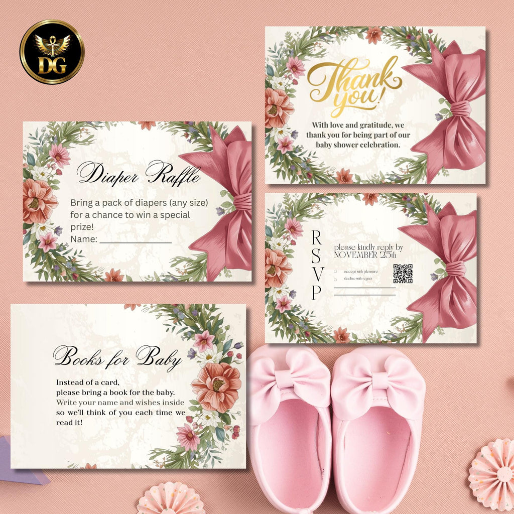 Baby Shower Invitation Pink Velvet Bow Floral Wreath Cream Gold Luxe Bundle Printable + Digital Canva Template
