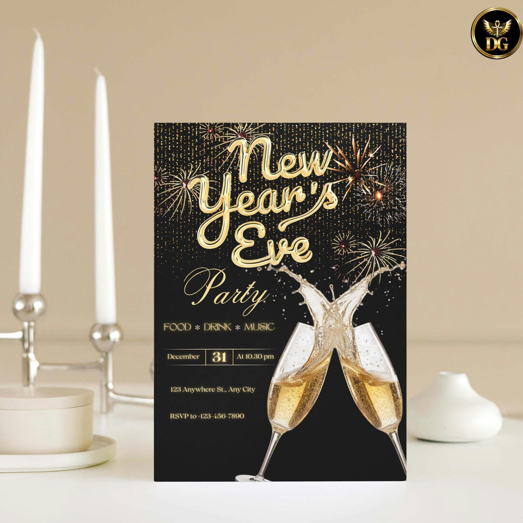 Black and Gold NYE Party Invitation Template | Editable Canva Digital Invite | Fireworks Champagne Luxury Set | Instant Download