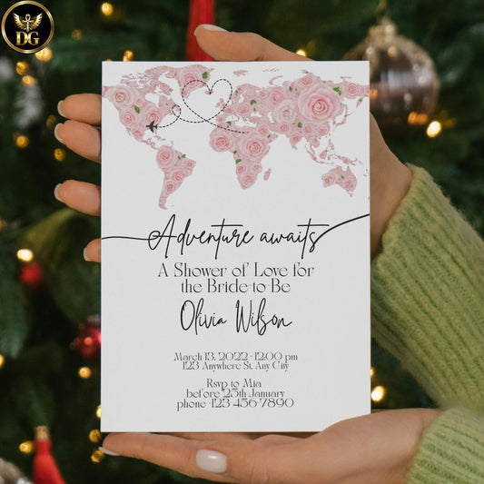 Bridal Shower Invitation Suite - Pink Floral Drawn World Map & Heart Flight Path - "Adventure Awaits" - Editable Canva Template