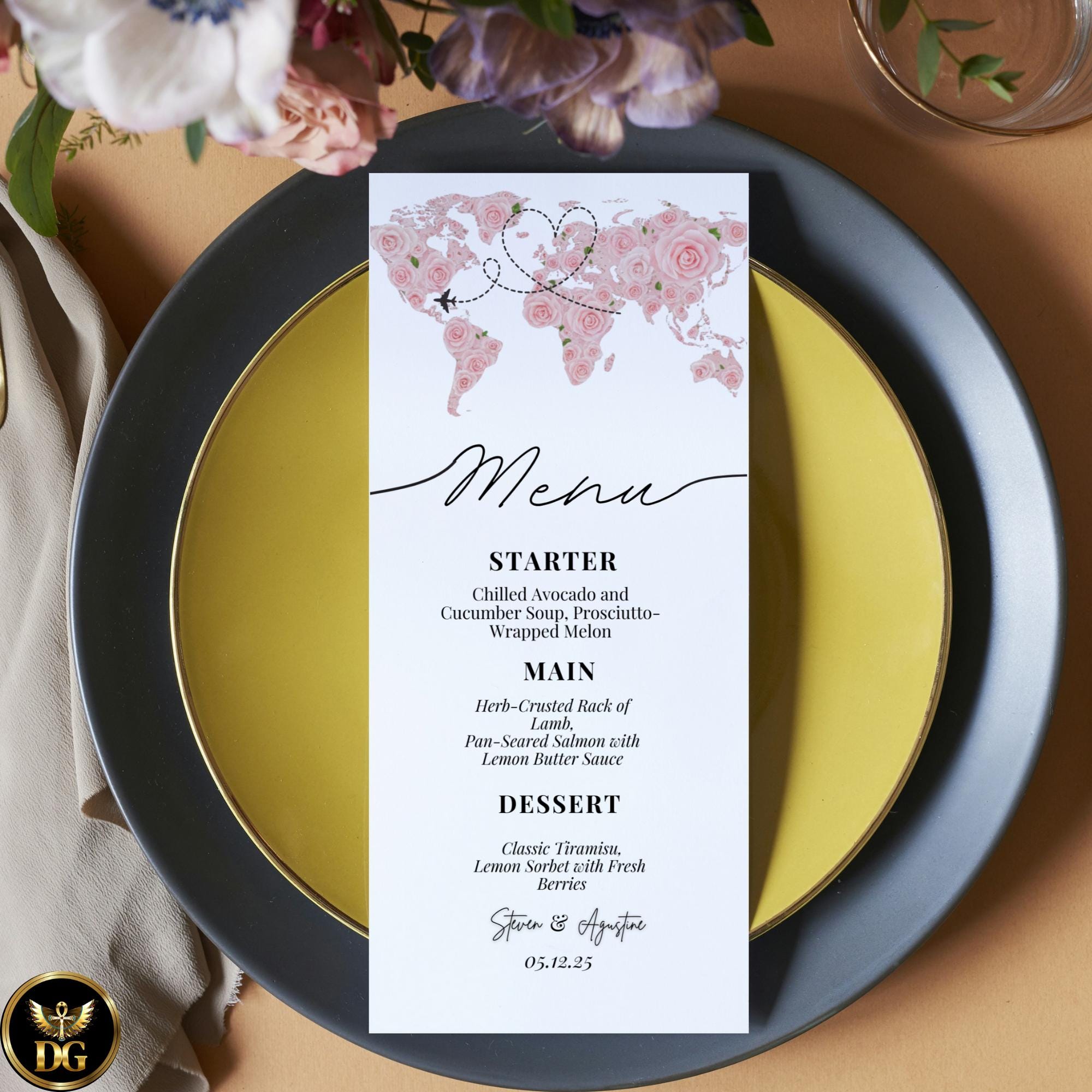 Bridal Shower Invitation Suite - Pink Floral Drawn World Map & Heart Flight Path - "Adventure Awaits" - Editable Canva Template