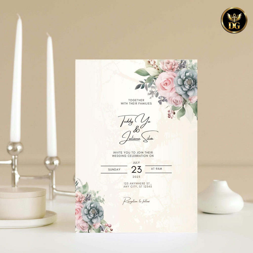 Blush Pink Floral Wedding Invitation Template, Editable Digital Suite, Printable Boho Invites & RSVP