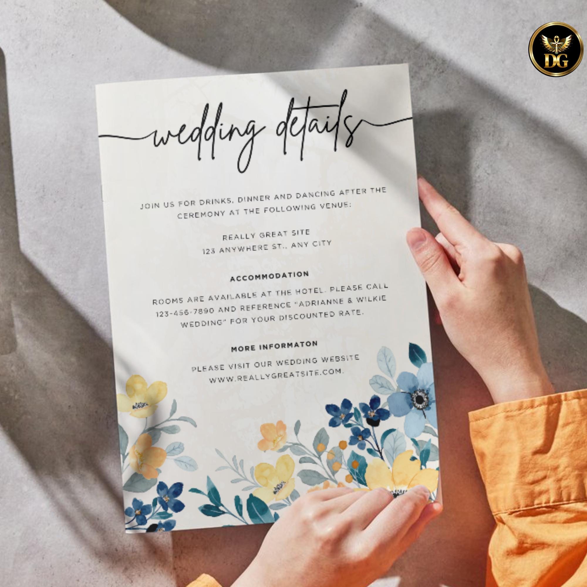 Boho Blue Yellow Floral Wedding Invitation Template, Editable Digital Suite, Blush Pink Accents & RSVP
