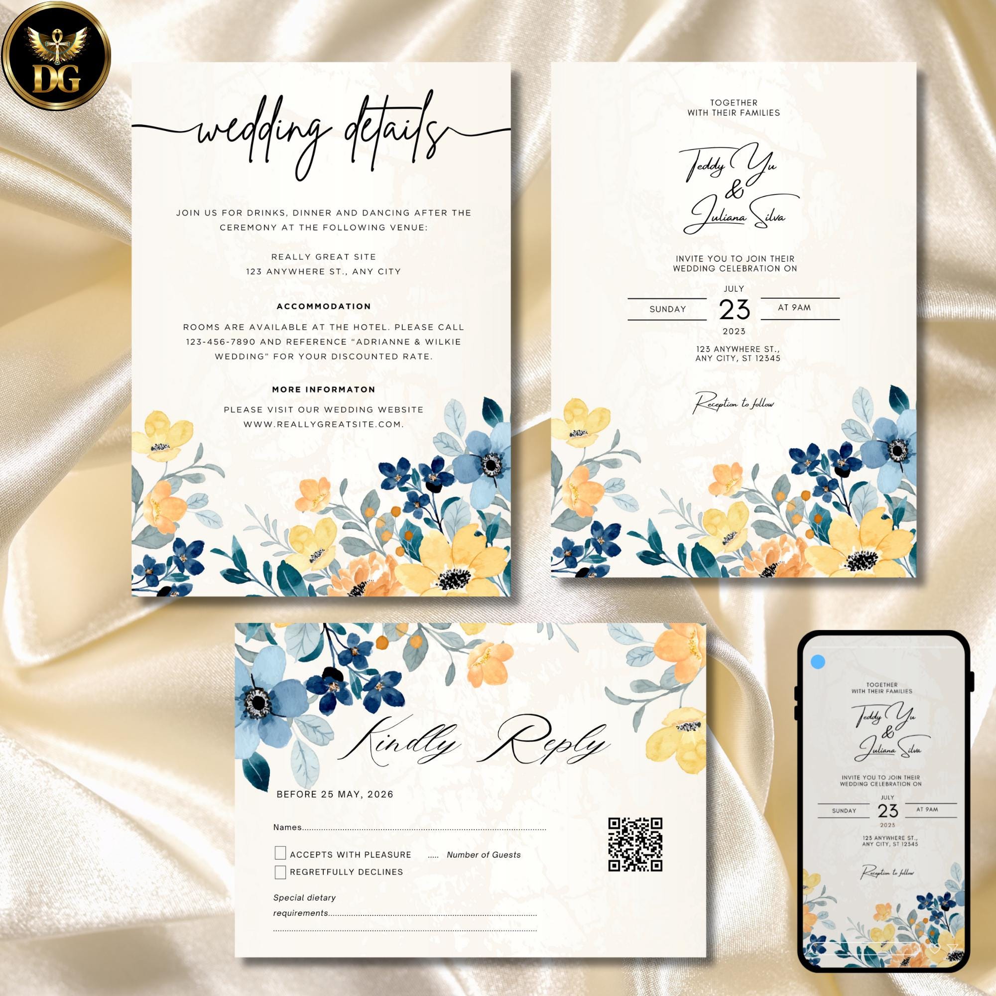Boho Blue Yellow Floral Wedding Invitation Template, Editable Digital Suite, Blush Pink Accents & RSVP
