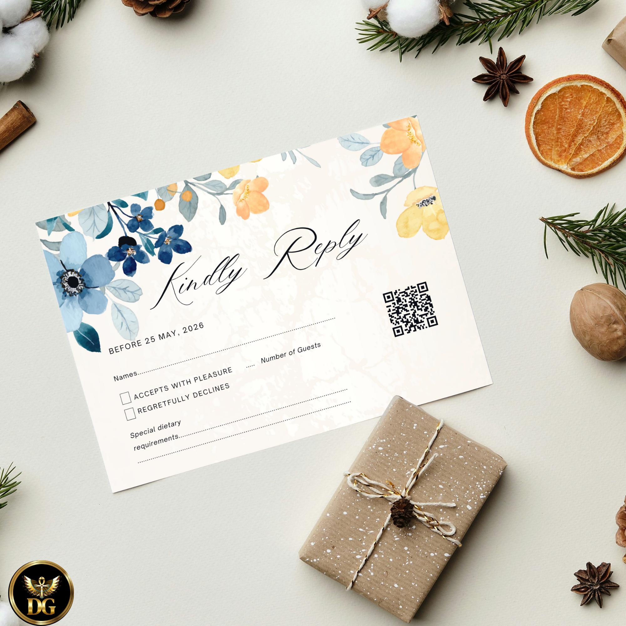 Boho Blue Yellow Floral Wedding Invitation Template, Editable Digital Suite, Blush Pink Accents & RSVP