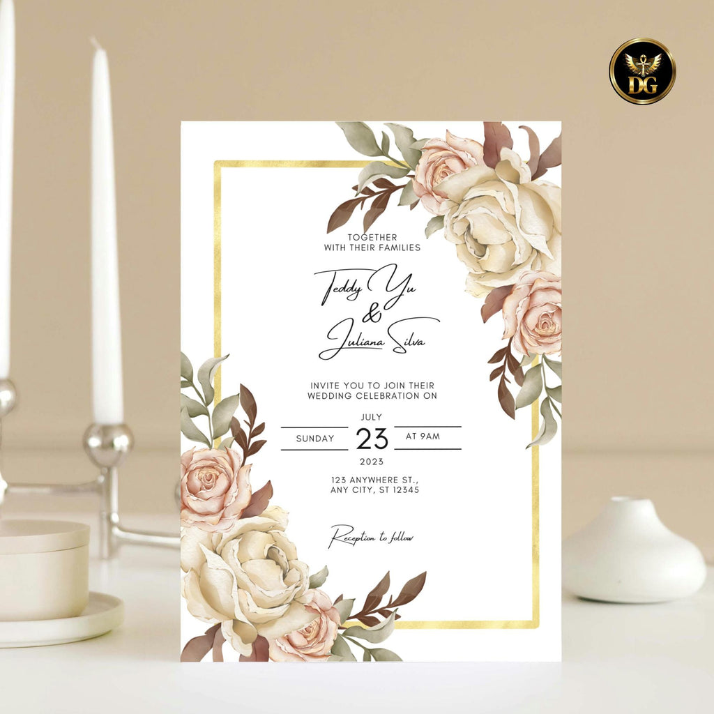 Beige Pink Floral Wedding Invitation Template, Gold Frame Digital Suite, Editable Printable Elegant White Background Invites & RSVP