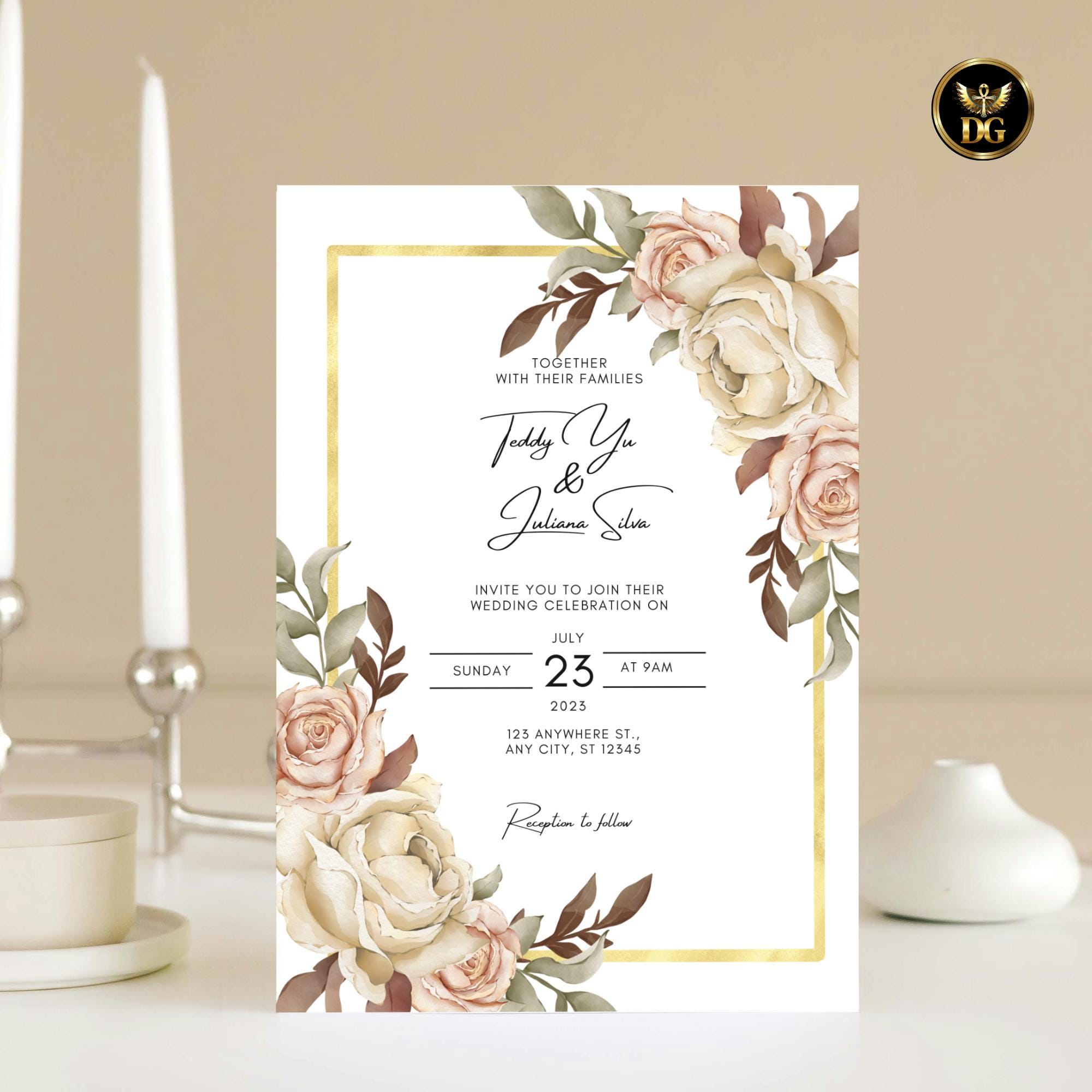 Beige Pink Floral Wedding Invitation Template, Gold Frame Digital Suite, Editable Printable Elegant White Background Invites & RSVP