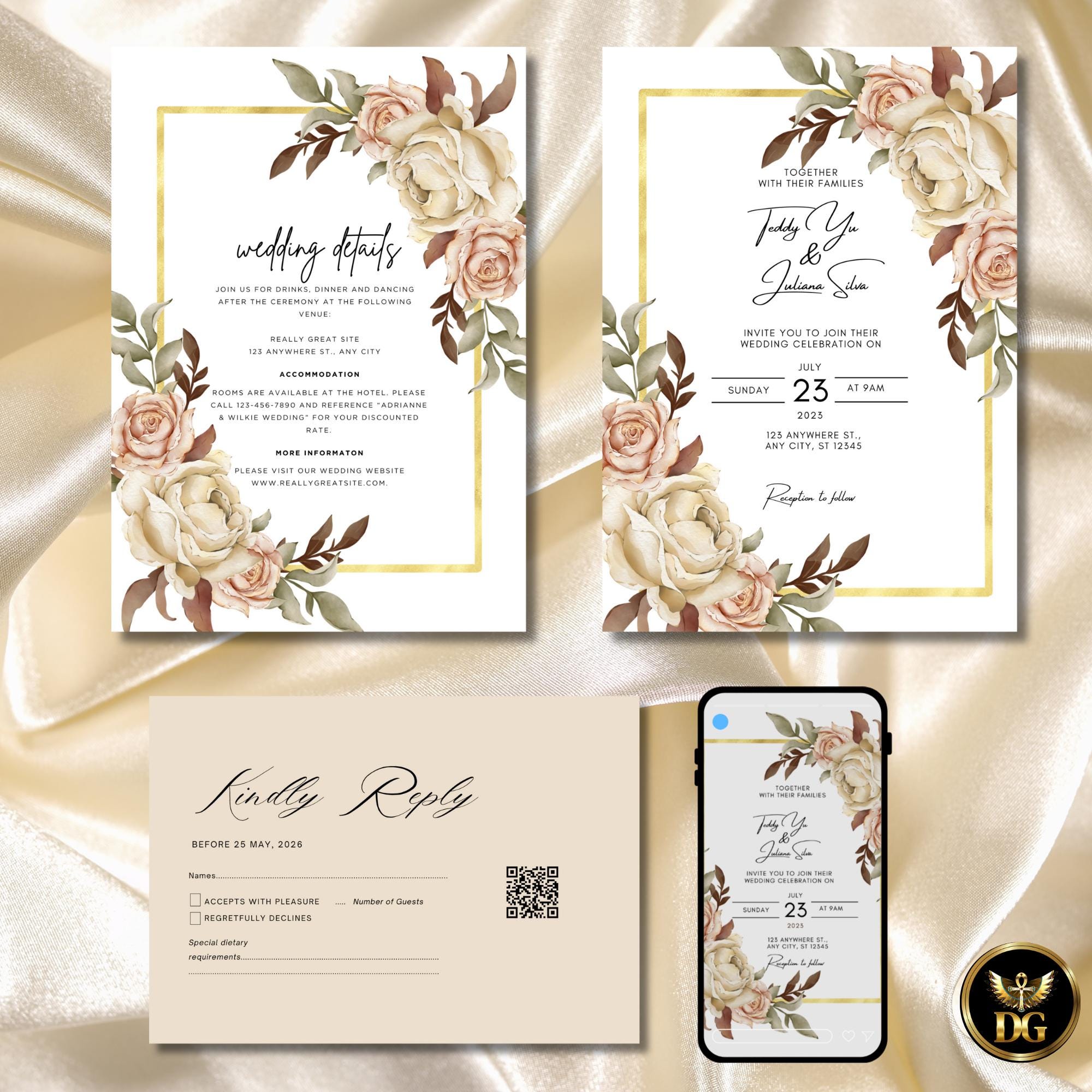 Beige Pink Floral Wedding Invitation Template, Gold Frame Digital Suite, Editable Printable Elegant White Background Invites & RSVP
