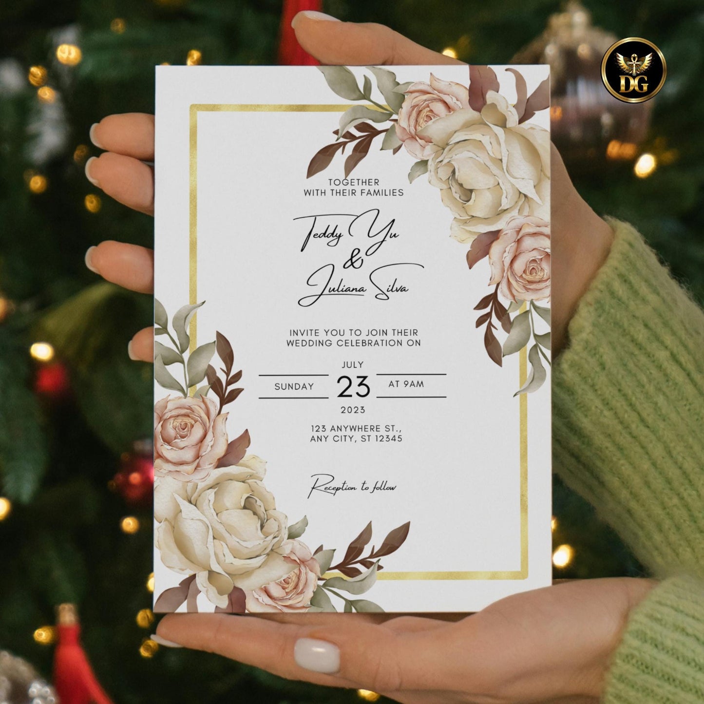 Beige Pink Floral Wedding Invitation Template, Gold Frame Digital Suite, Editable Printable Elegant White Background Invites & RSVP