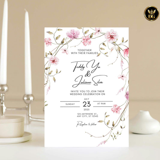 Delicate Pink Wildflowers Wedding Invitation Editable Canva Boho Floral Suite