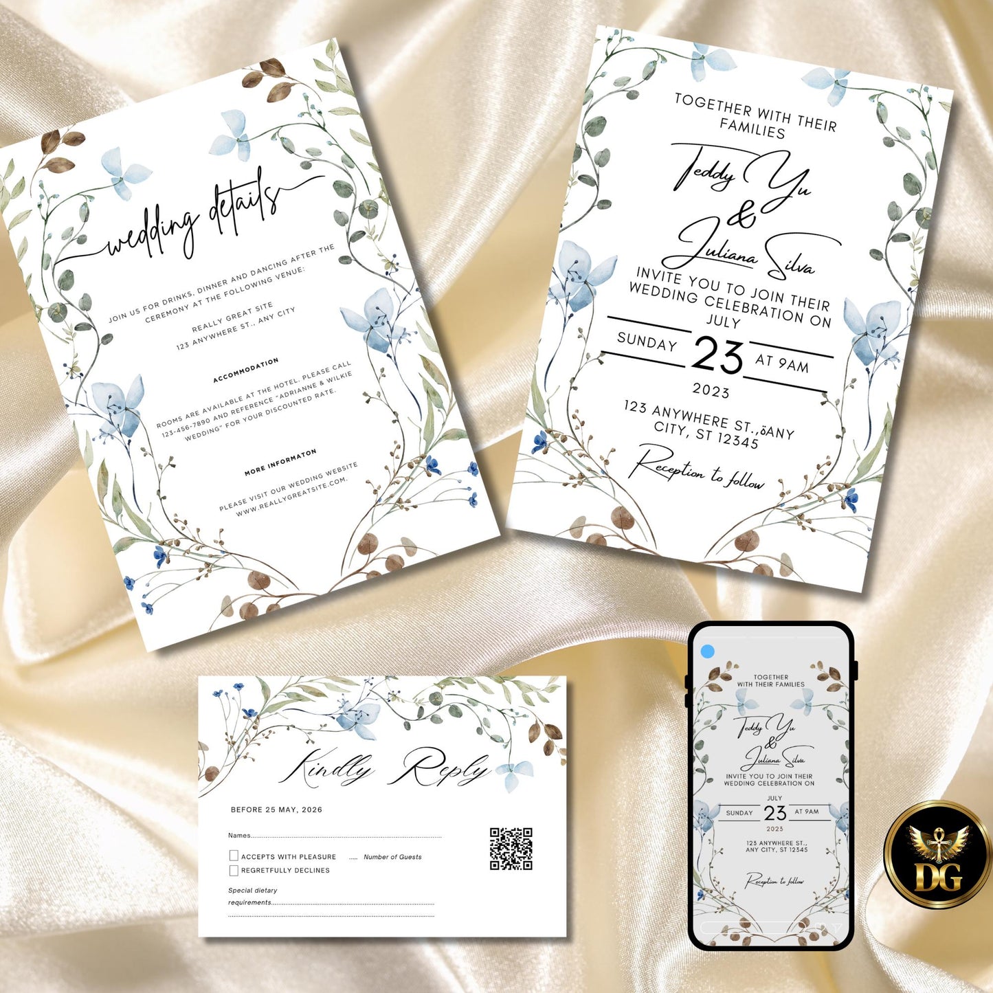 Blue Wildflower Wedding Invitation Template, Boho Garden Wedding Invite, Editable Canva Invitation Suite, Minimalist Floral Design