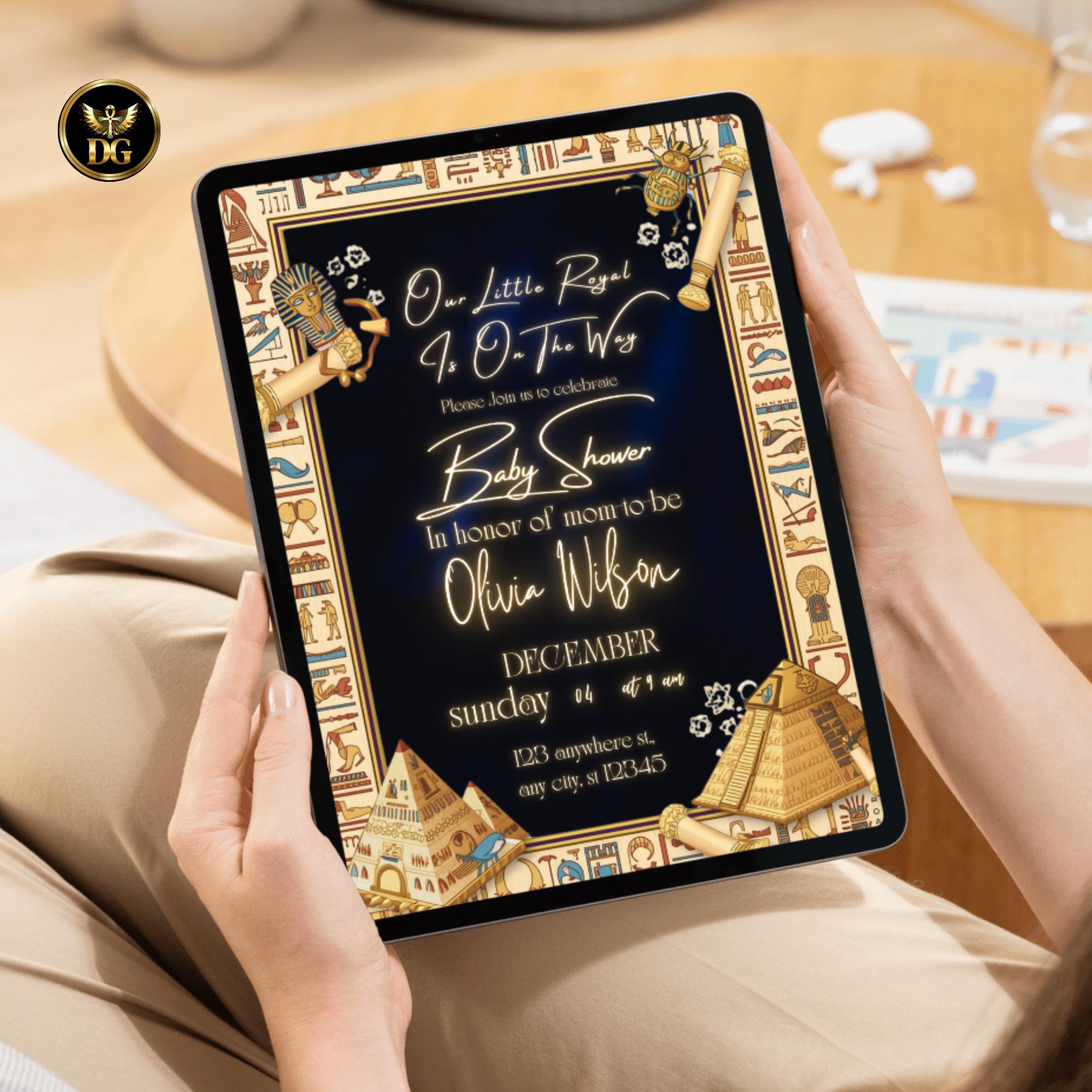 A Little Royal Is On The Way | Egyptian Baby Shower Invitation | Navy Velvet & Beige Frame | Editable Canva Template