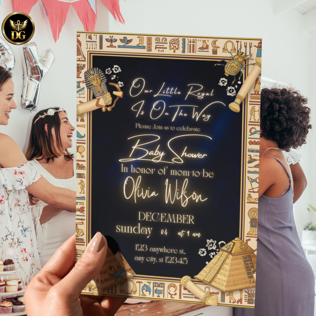 A Little Royal Is On The Way | Egyptian Baby Shower Invitation | Navy Velvet & Beige Frame | Editable Canva Template